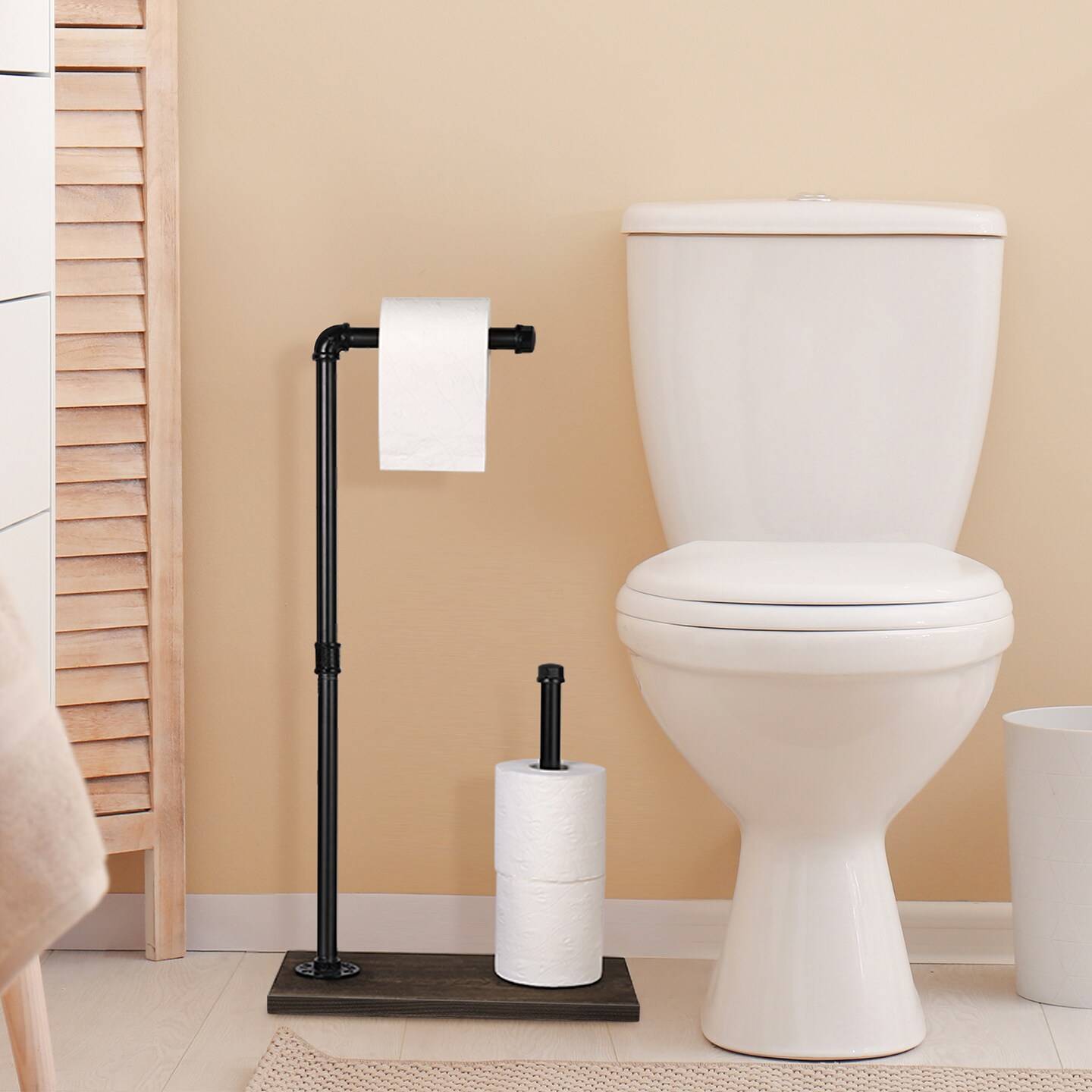 Free Standing Toilet Paper Stand Rustic Industrial Bathroom Organizer with Wooden Base &#x26; Matte Iron Black Finish &#x2013; 3-Roll Storage, No-Drill Installation