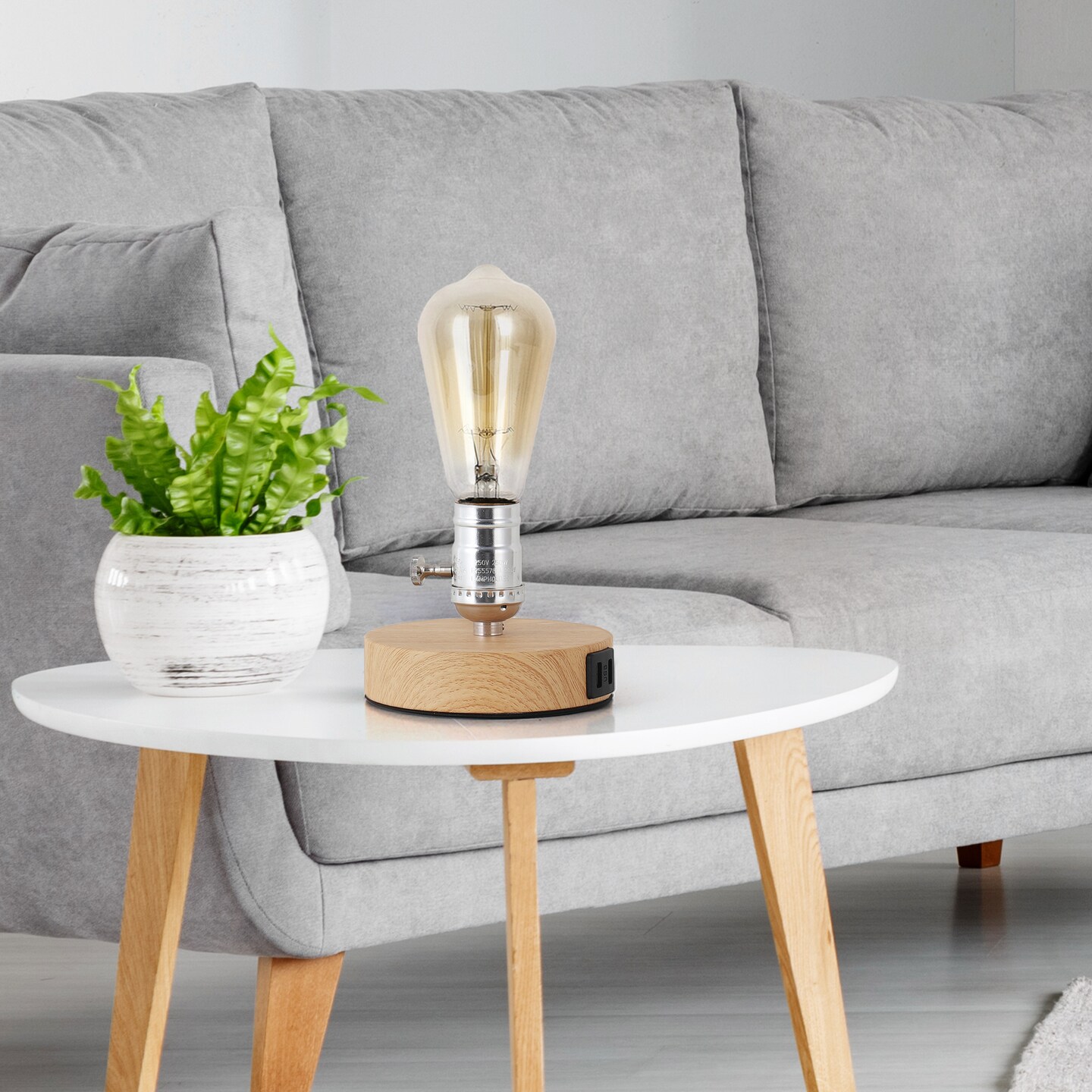 Small Industrial Table Lamp with 2 USB Ports & Wooden Base Vintage Desk Light for Bedroom, Dorm, Nightstand