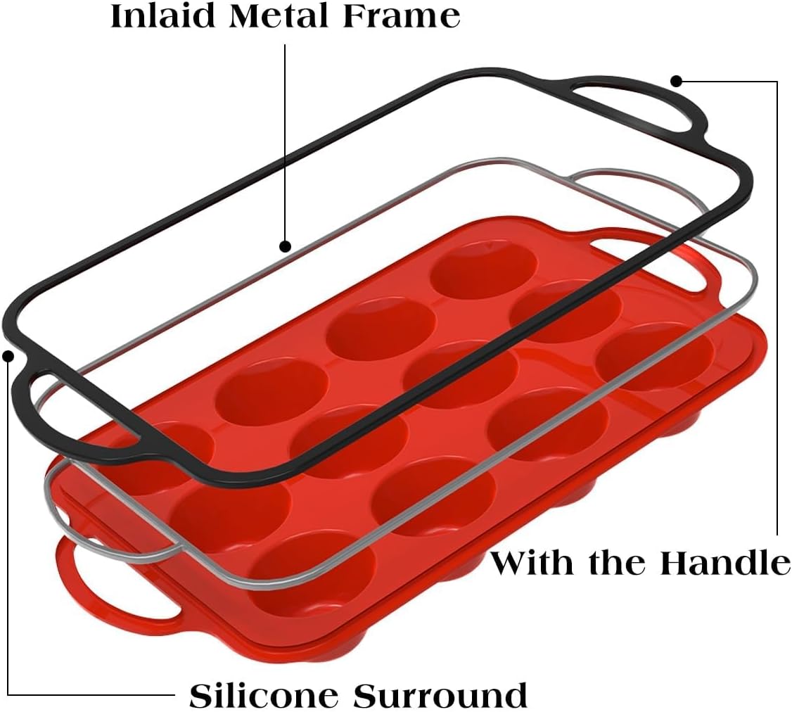 Silicone Muffin Pan, Metal Reinforced Frame Larger than Mini Cupcake Pan Easy to Handle 12 Cups Nonstick Small Silicone Muffin Tray for Baking Homemade Muffins, Cupcakes, Egg Bites