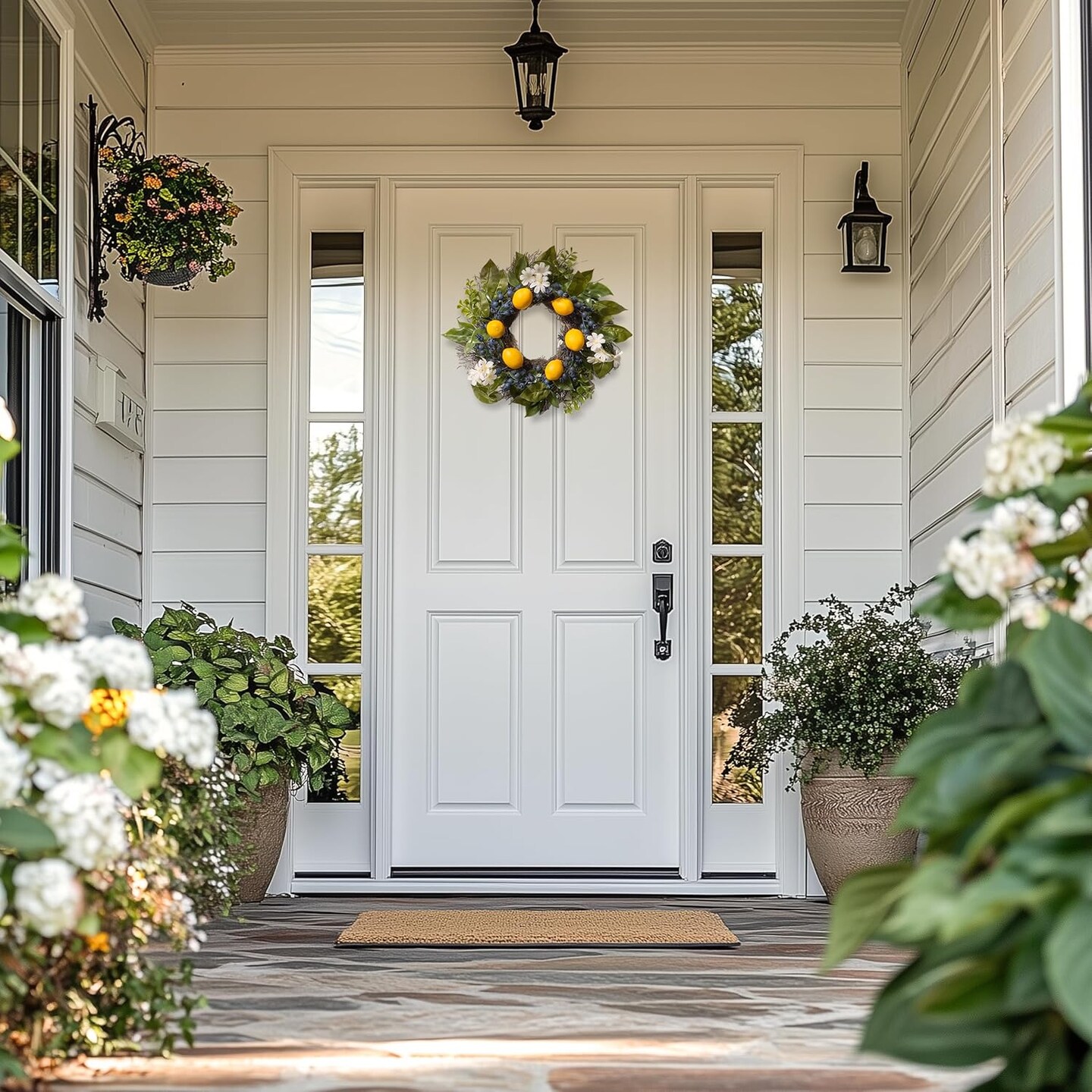 Spring Artificial Lemon Wreaths for Front Door with Lights