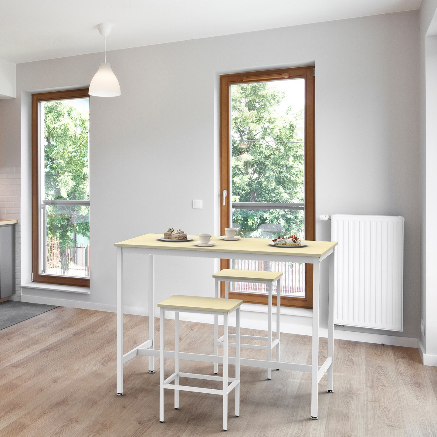 3-Piece Industrial Counter Height Dining Set Breakfast Bar Table with 2 Stools, Space-Saving Kitchen Bistro Set, Adjustable Feet
