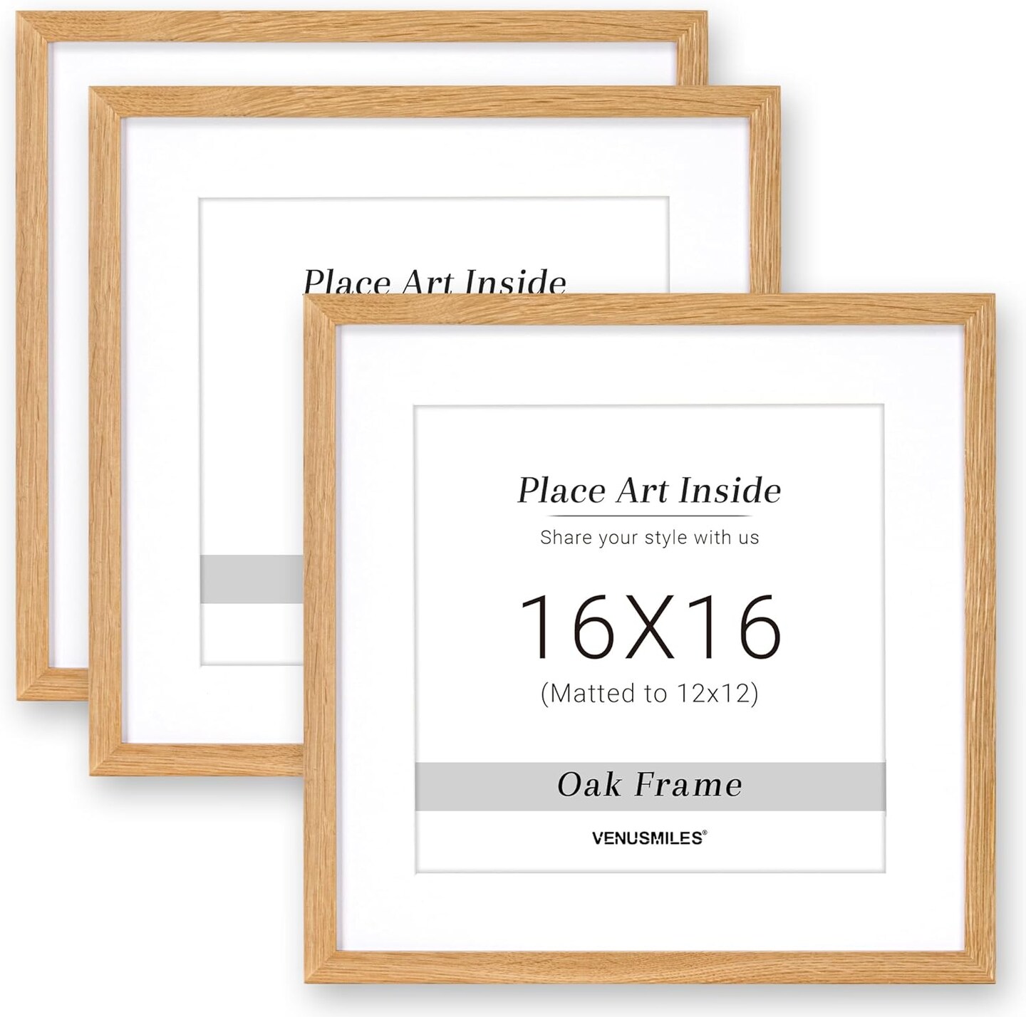 16x16 Oak Picture Frame with 12x12 White Mat, Tempered Glass, Natural Oak Wood Frame, Vertical and Horizontal Display for Wall and Table, Display Photos Arts Posters Certificates, Set of 3