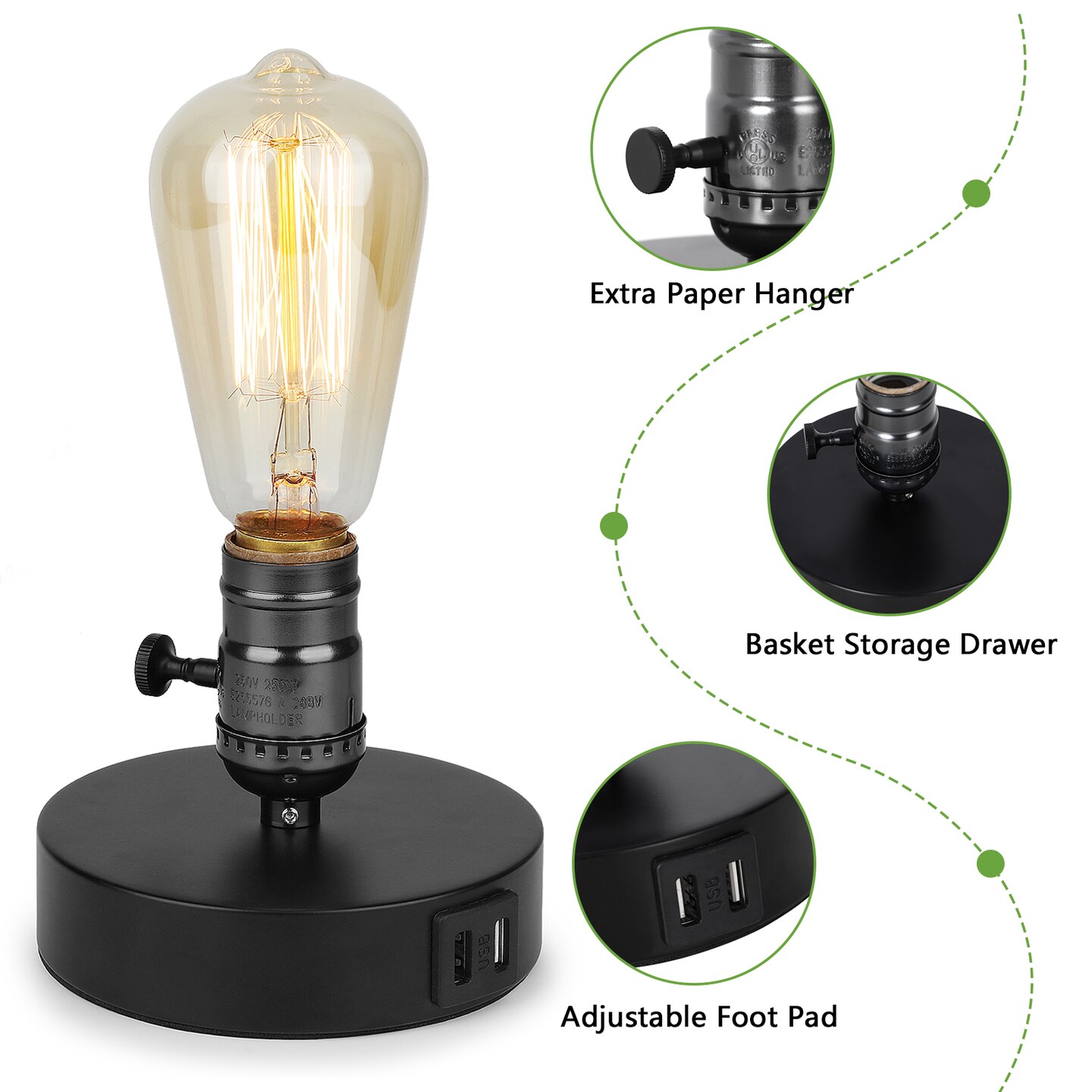 Industrial Vintage Desk Lamp with 2 USB Ports Retro Wood & Metal Table Light for Bedroom, Office, or Café