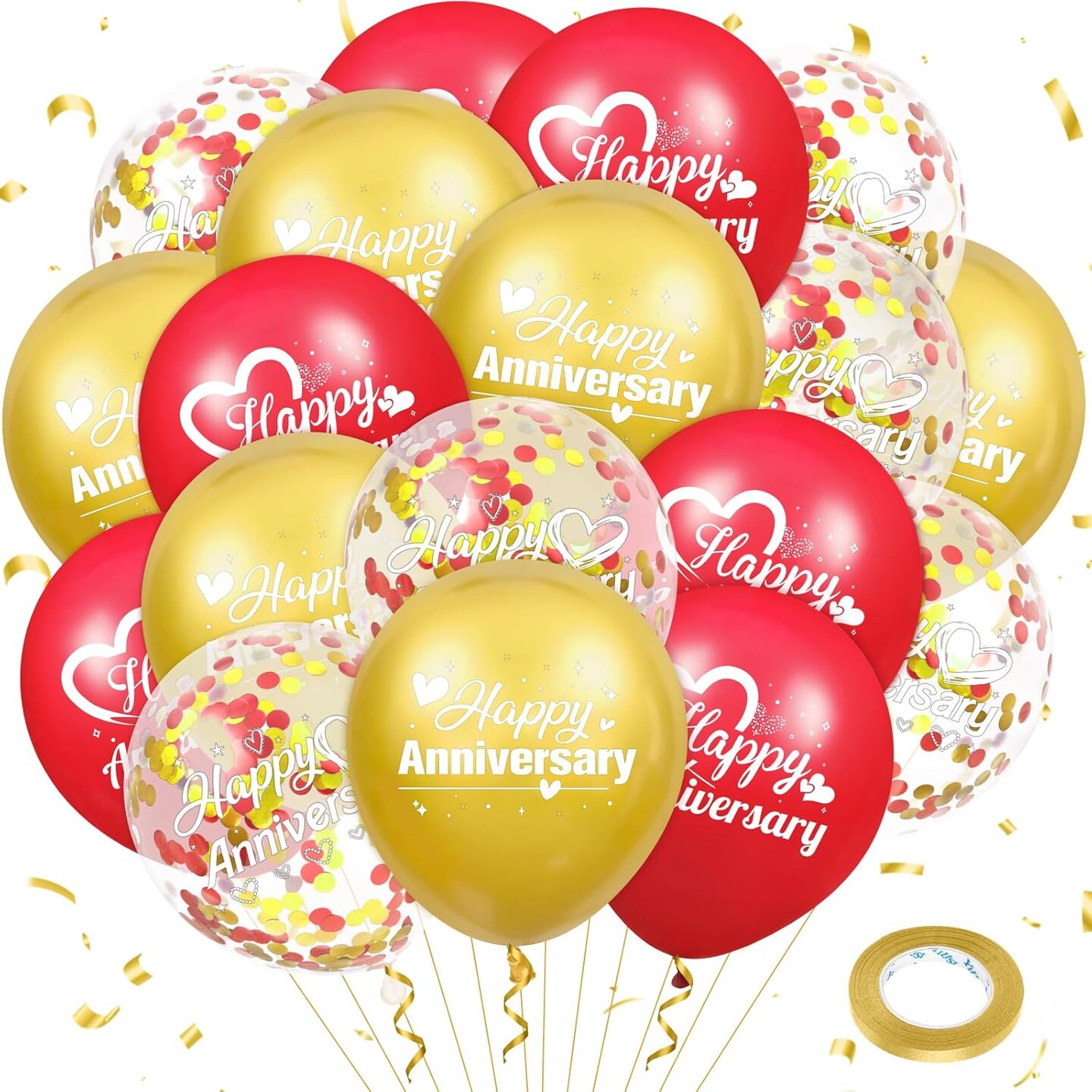 Happy Anniversary Balloons 18Pcs Red Gold Anniversary Party Decorations for Women Men Red Gold 12Inch Metallic Confetti Anniversary Balloons for Indoor Outdoor Party Supplies