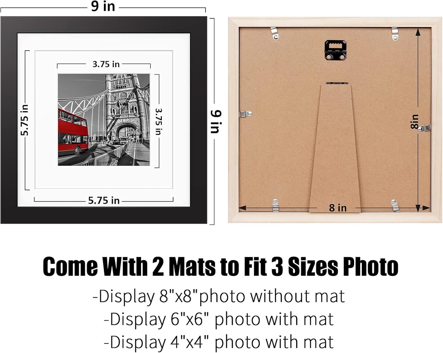 8x8 Picture Frames Black Solid Wood Display Pictures 6x6 or 4x4 with Mat or 8x8 without Mat - 8x8 Inch Square Photo Frames with 2 Mats Multi Photo Frames Collage for Wall or Tabletop Mount, Set of 4