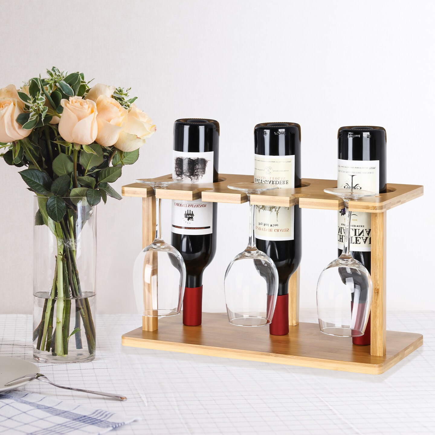 Wood Wine Rack And Wine Glass Holder Bottle Storage Stand Holder for Bar Kitchen