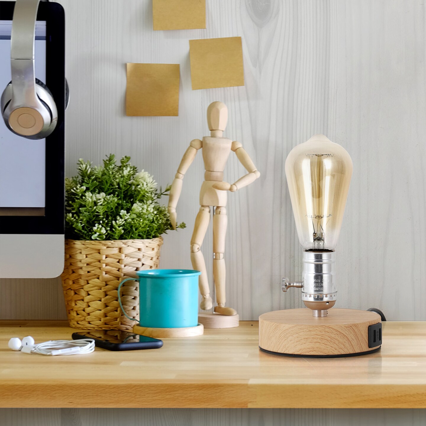 Small Industrial Table Lamp with 2 USB Ports & Wooden Base Vintage Desk Light for Bedroom, Dorm, Nightstand