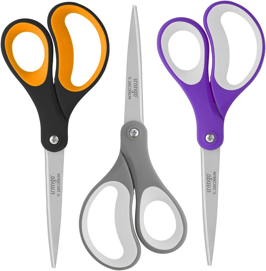 Scissors All Purpose, Student School Scissors, Sharp Titanium Coated Stainless Steel Shears for High Middle School Teacher Crafting, Office Home Sewing Cutting Fabric, 8 inch 3 Pack