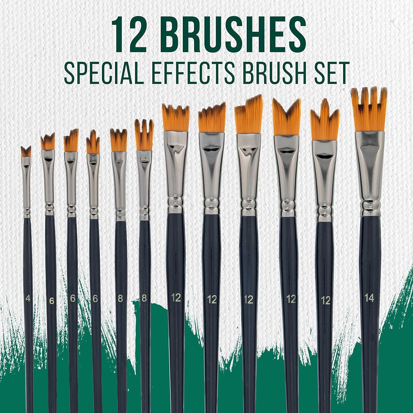 12 Piece Special Effects Artist Paint Brush Set - Professional Taklon Synthetic FX Brushes, Ribbon, Muti-Liner, Angular - Create Grass, Hair, Fur - Watercolor, Acrylic, Gouache, Oil