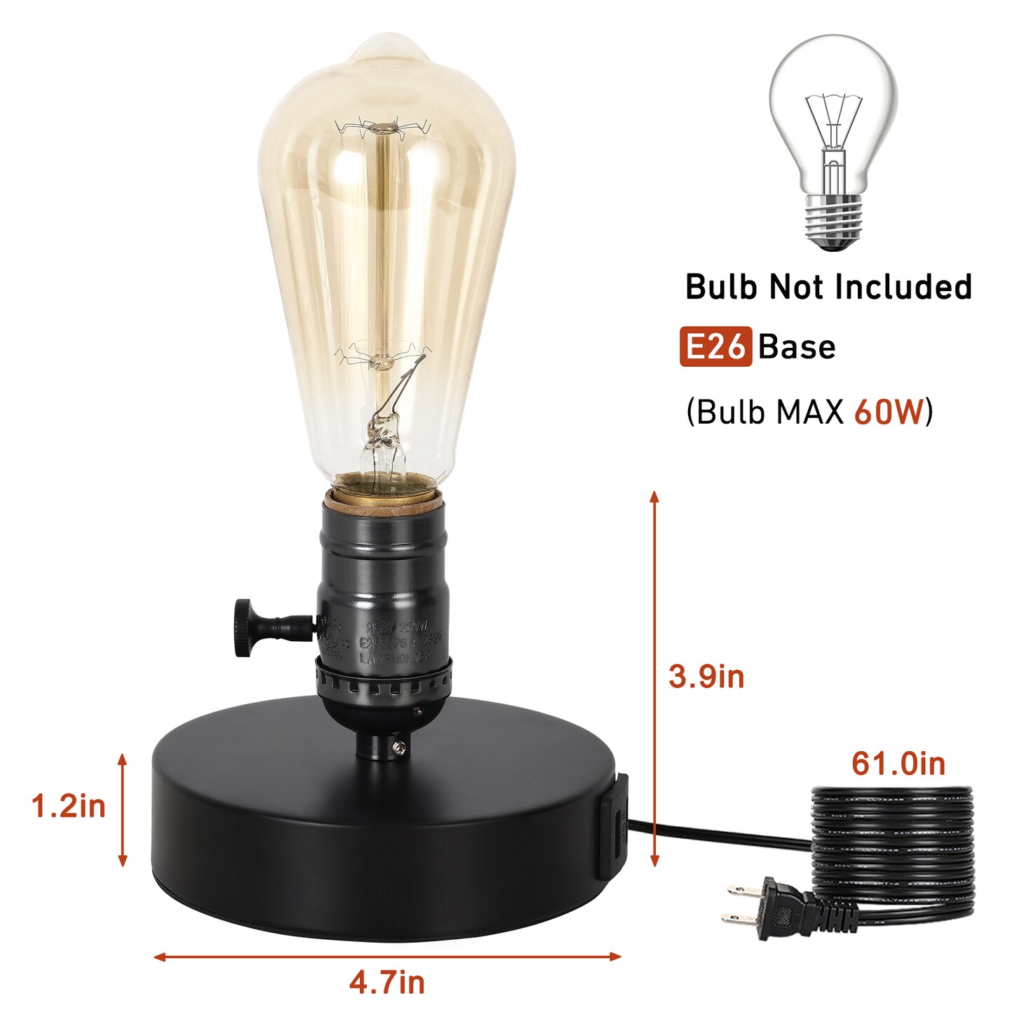 Industrial Vintage Desk Lamp with 2 USB Ports Retro Wood & Metal Table Light for Bedroom, Office, or Café
