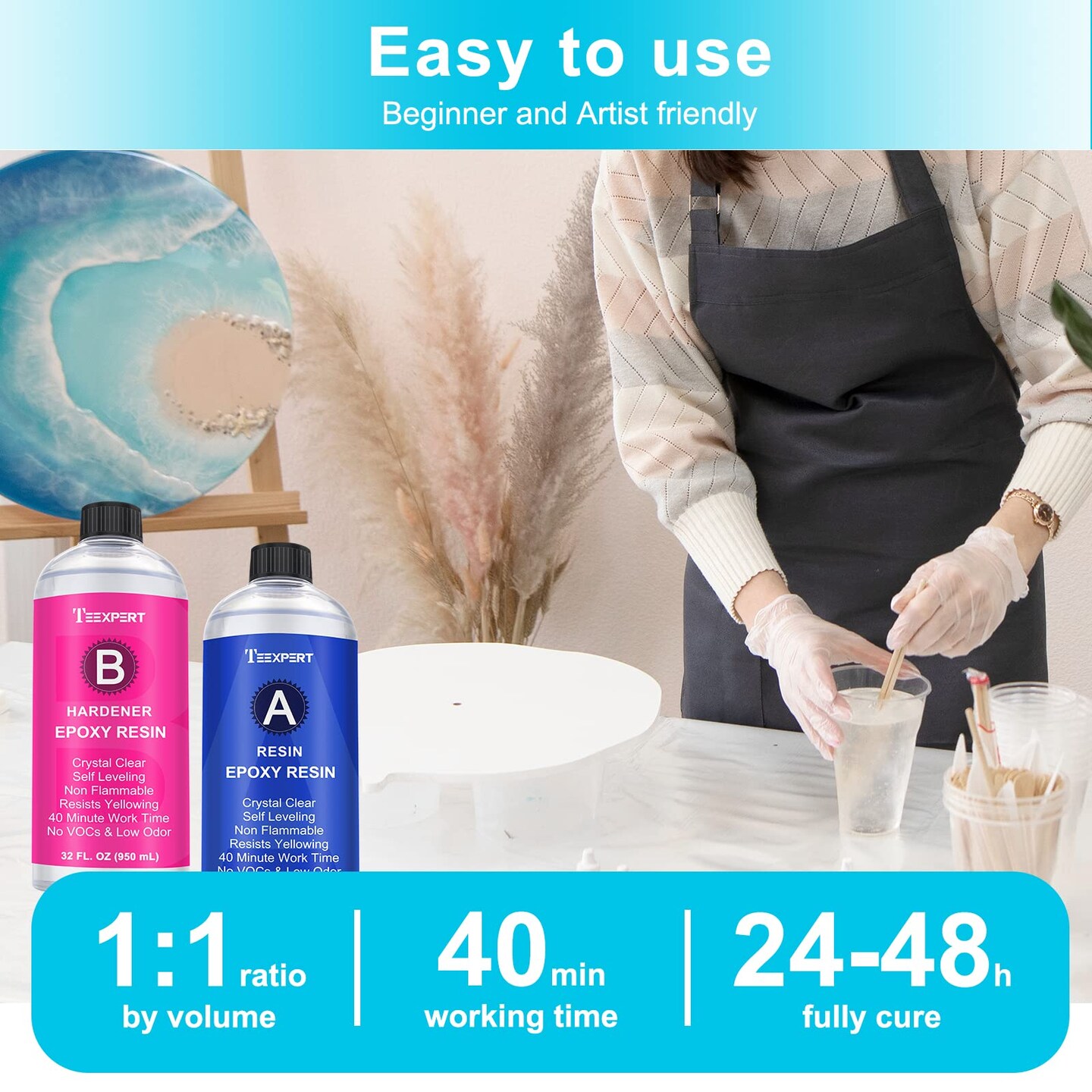 Teexpert Epoxy Resin Crystal Clear: 64OZ Epoxy Resin kit Fast Curing Heat Resistant for Casting Coating Art DIY Craft Jewelry Wood Table Top Flower Preservation- 2 Part(32OZ Resin and 32OZ Hardener)