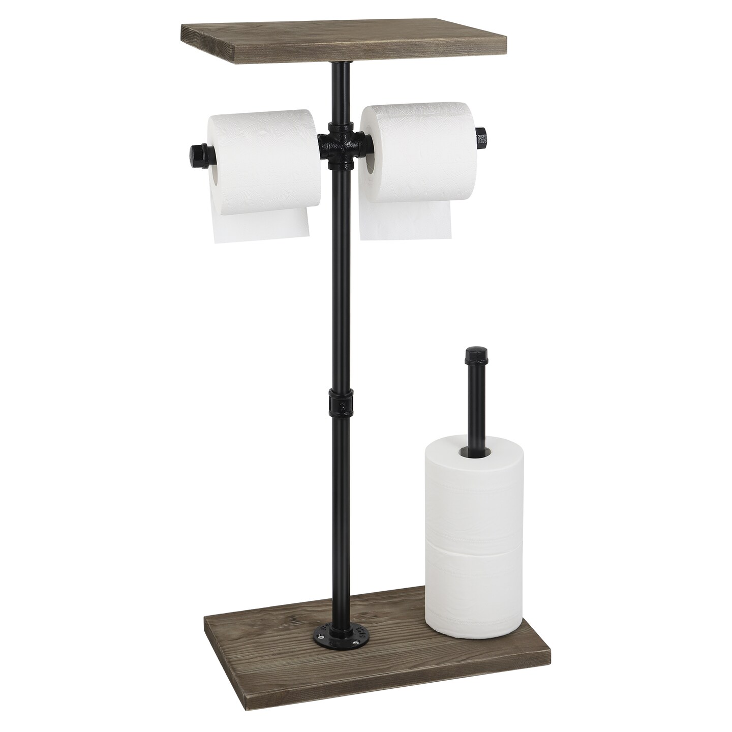 Industrial Free Standing Toilet Paper Rack with 2 Wooden Shelves Rustic Bathroom Organizer, Farmhouse Decor, Easy Assembly, Space-Saving Design
