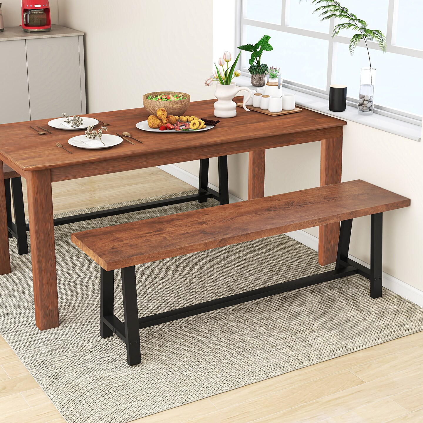 Costway 1/2 PCS 60&#x22; Dining Bench 3 Person Entryway Shoe Bench with Metal Frame for Hallway