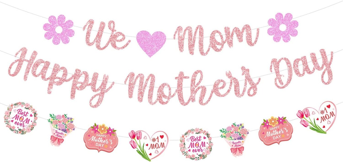 Glittery We Love Mom Happy Mother's Day Banner with Heart Flowers Rose Gold