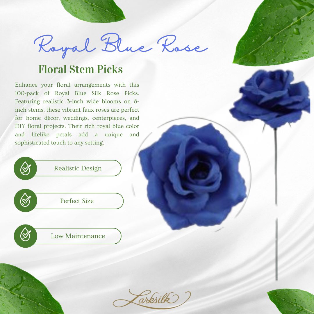 100-Pack: Royal Blue Silk Rose Picks, 8&#x22; Stems, 3&#x22; Wide, Floral Home by Artificial Flowers