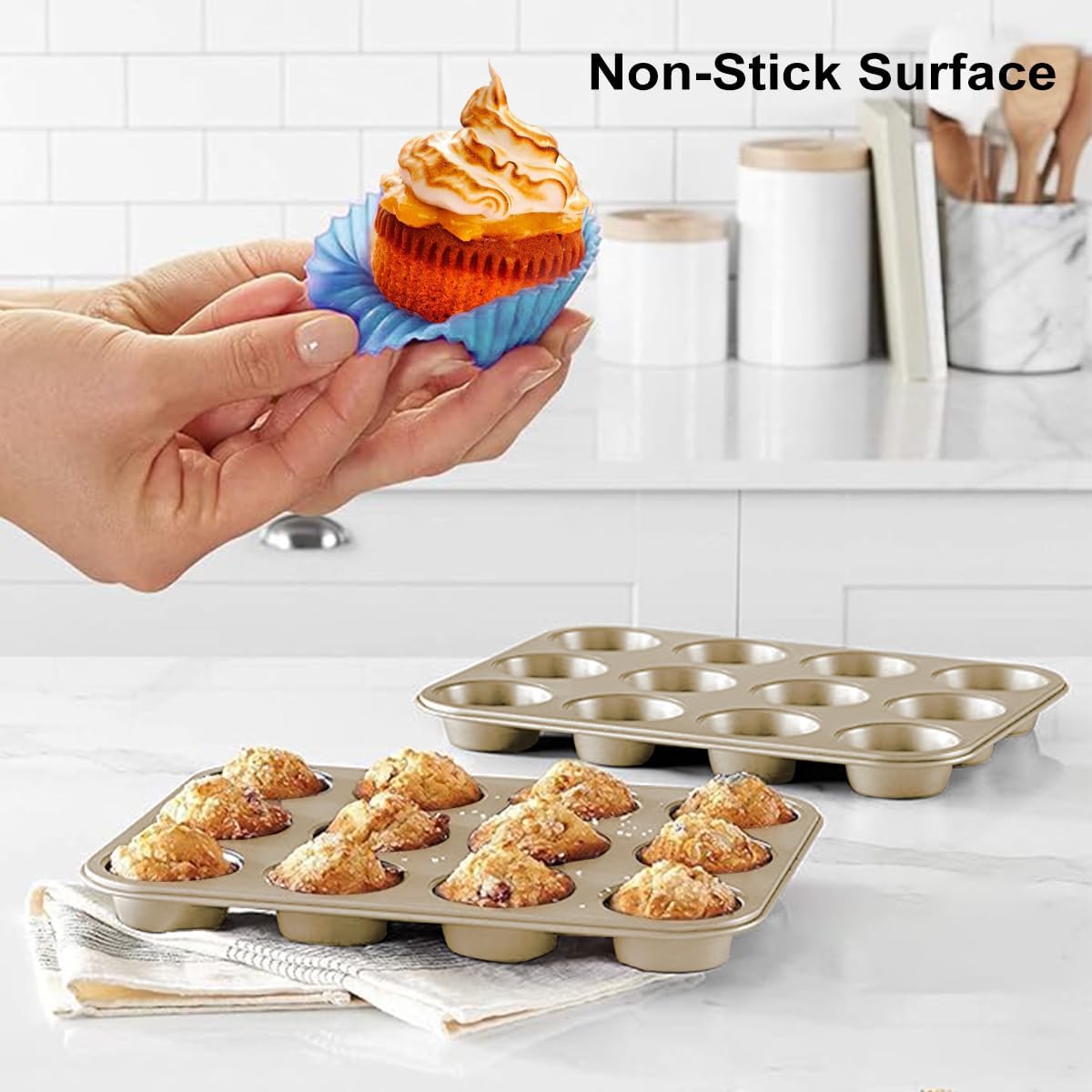 Muffin Pan, Cupcake Pan, Set of 2, 12-Cup Muffin Tin, Non-Stick Bakeware, Easy to Release and Clean, Baking Molds, Muffin Tray, Molds for Homemade Cupcakes &#x26; Muffins (Gold)