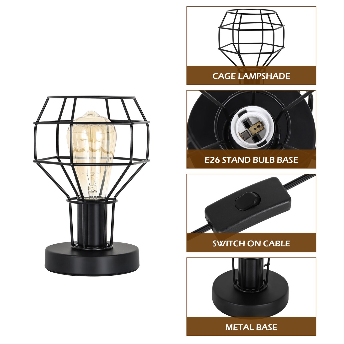 Industrial Vintage Table Lamp Metal Cage Shade Bedside Lamp for Bedroom, Living Room, or Office E26 Bulb Compatible, 59&#x201D; Cord with Switch