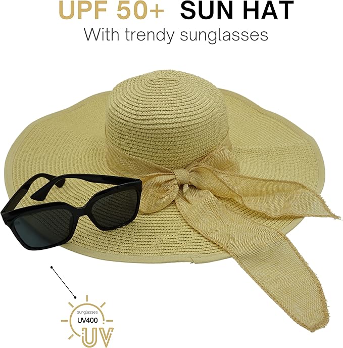 4E's Novelty Floppy Sun Hat with Sunglasses – UPF 50+ Packable Beach Hat for Women Travel