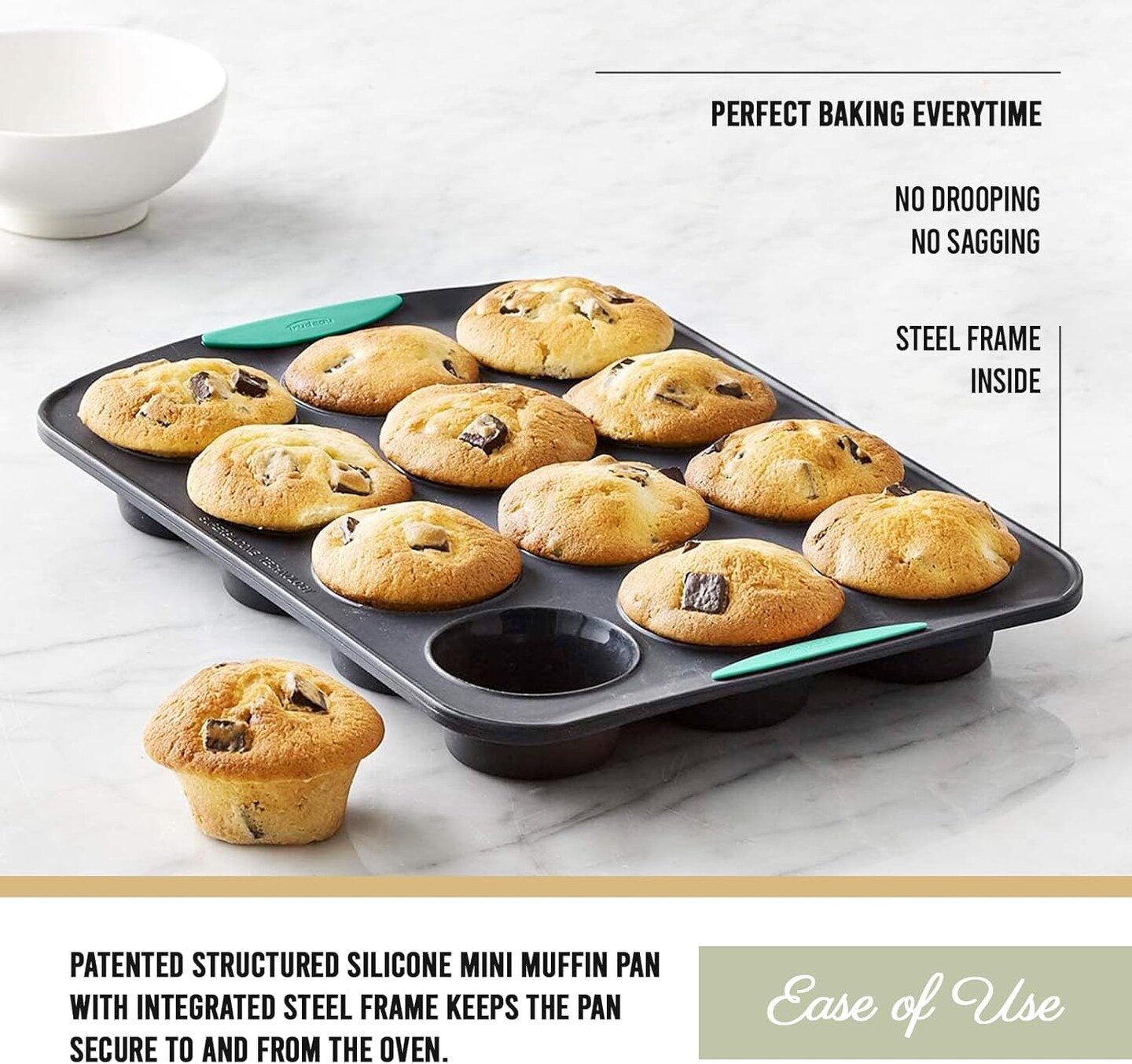 12-Cup Silicone Muffin Pan with Hard Lining, Nonstick & Heat-Resistant, Grey/Mint