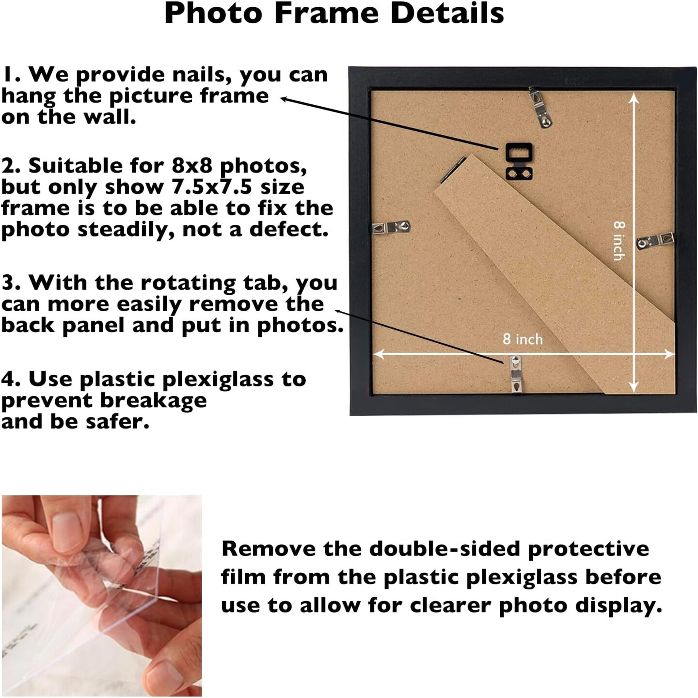 8x8 Picture Frame Set of 4 Black for Wall Hanging or Tabletop, Wall Mounting Horizontally or Vertically, 8 x 8 Square Wall Gallery Poster Photo Frame with Shatter Resistant Plexiglass, 4 Pack, Black
