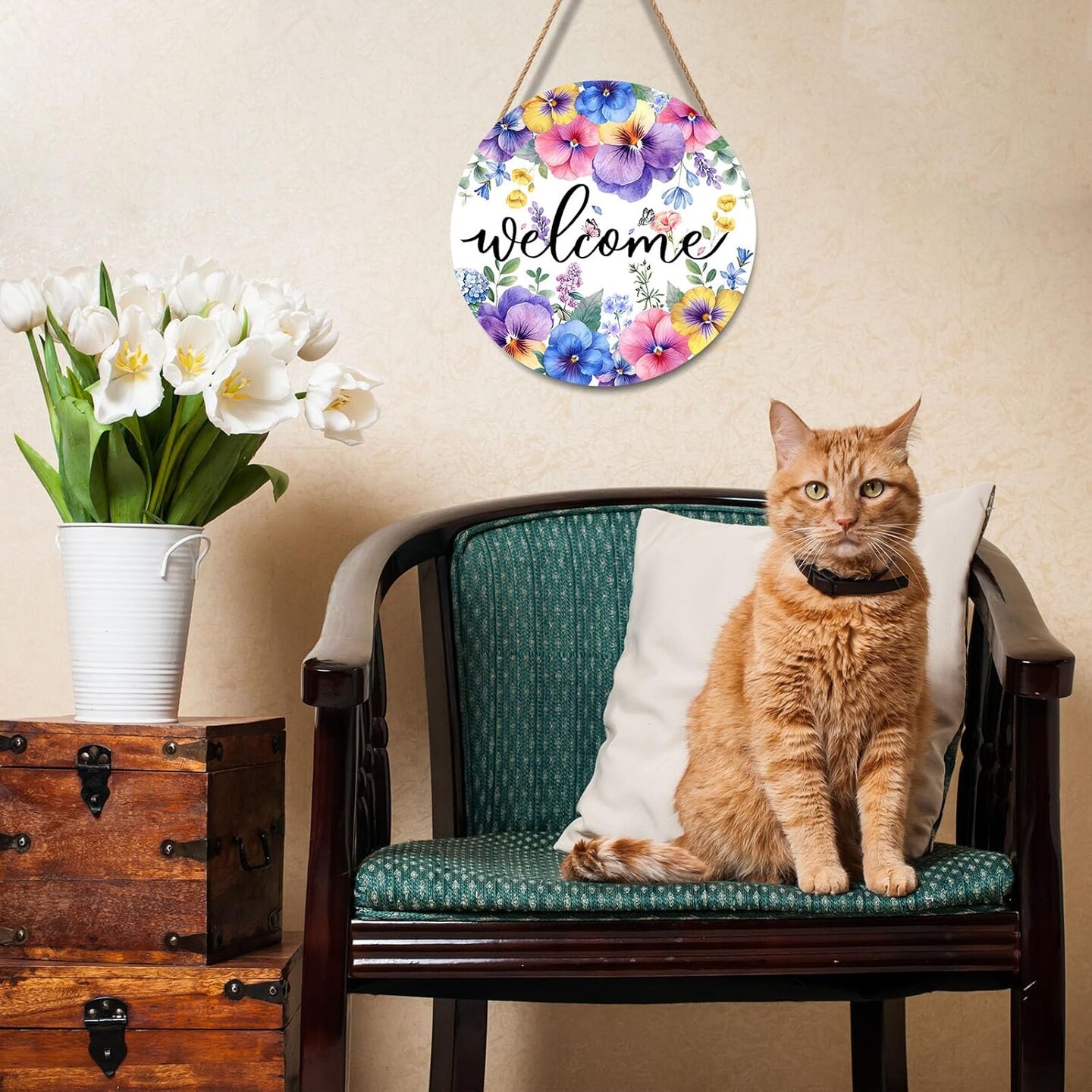 12x12” Pansy & Butterfly Wooden Sign – Spring Hanging Door Decor