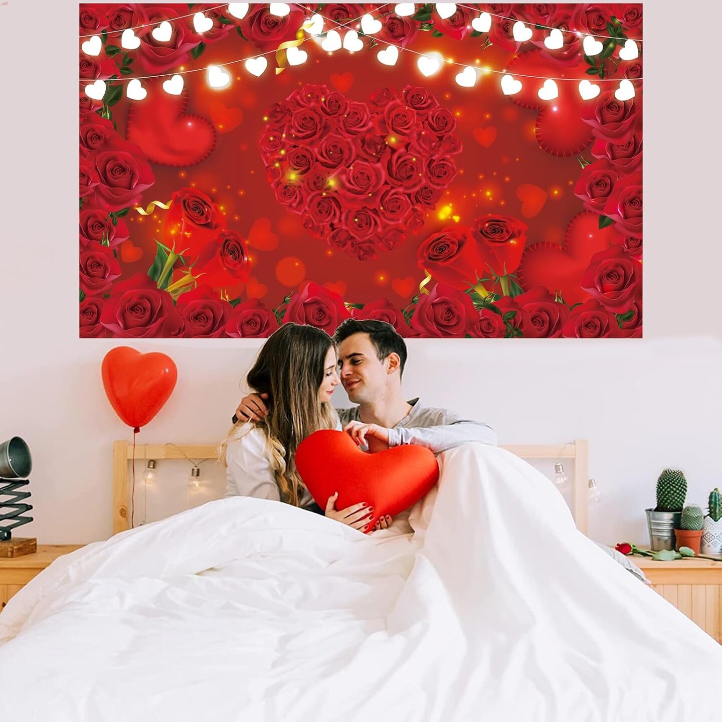 Red Rose Floral Heart Backdrop – 72.8×43.3in, Party & Photography Decoration