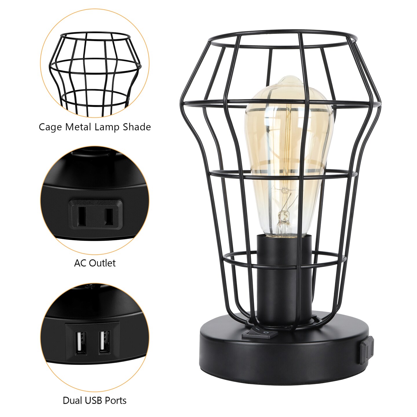 2PCS Industrial Cage Desk Lamps Vintage Table Lamps with Dual USB Ports &#x26; AC Outlet, UL-Certified Steampunk Bedside Lights for Office, Bedroom, or Gift