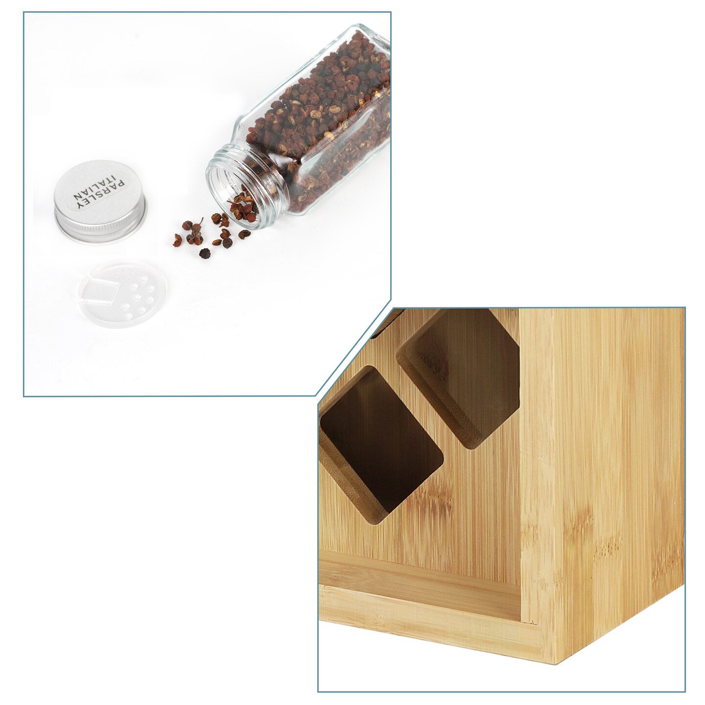 20-Jar Bamboo Spice Rack Organizer with Glass Jars Countertop Kitchen Storage for Cabinet, Pantry, or Drawer Eco-Friendly, Space-Saving Design