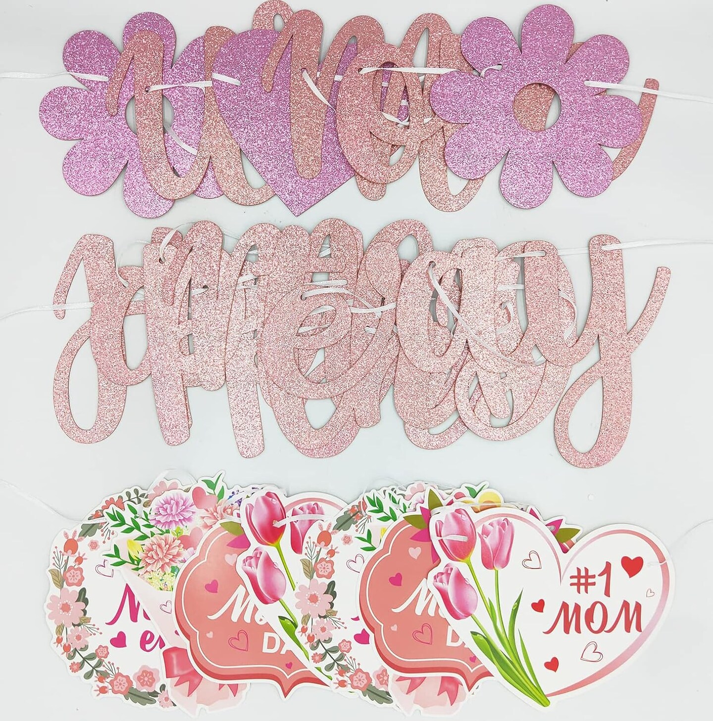 Glittery We Love Mom Happy Mother's Day Banner with Heart Flowers Rose Gold