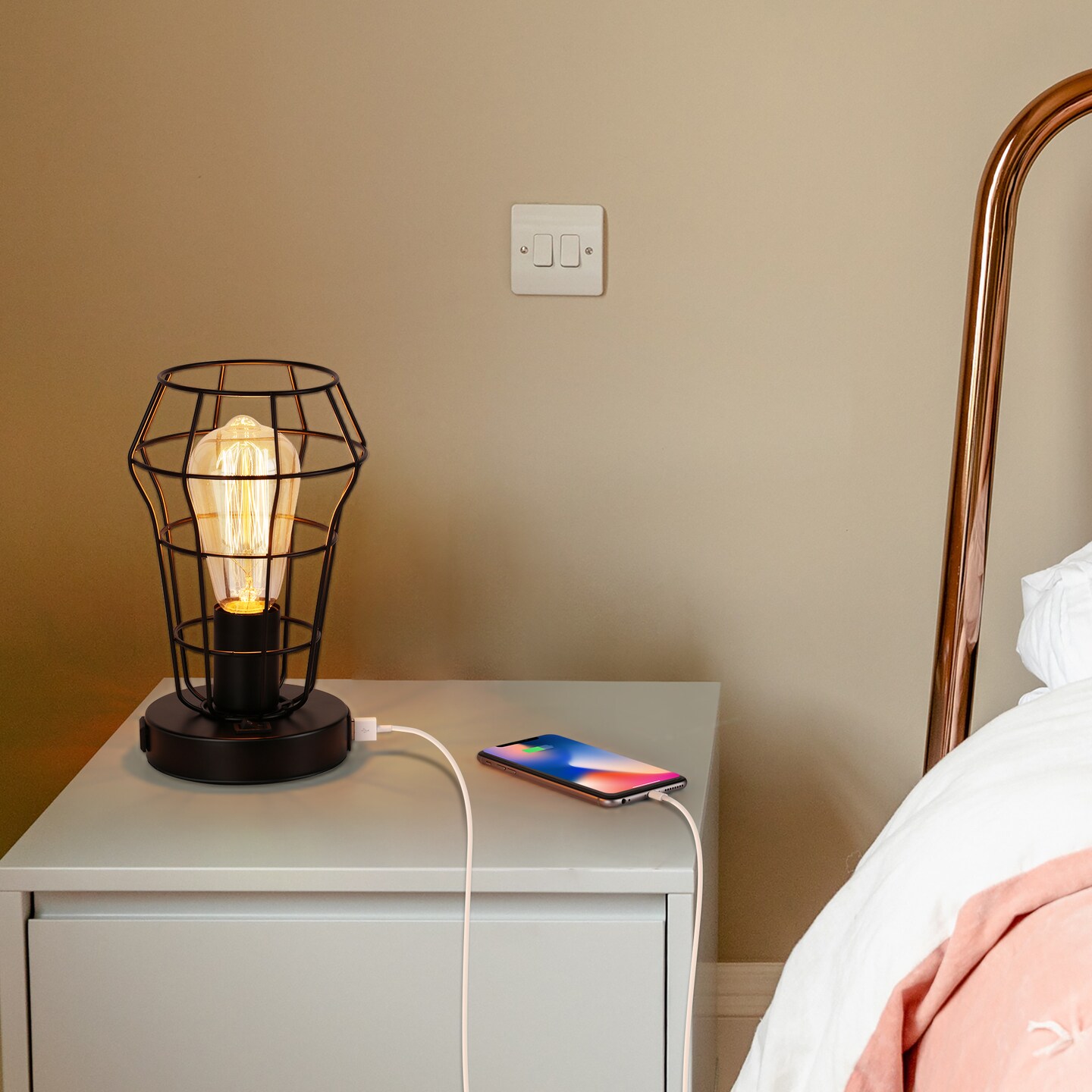 2PCS Industrial Cage Desk Lamps Vintage Table Lamps with Dual USB Ports &#x26; AC Outlet, UL-Certified Steampunk Bedside Lights for Office, Bedroom, or Gift