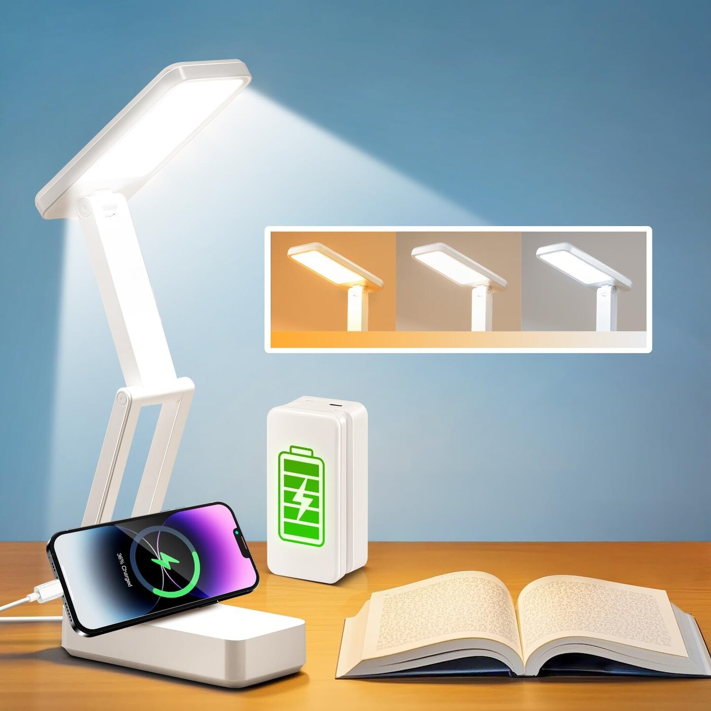 Small Desk Lamp, 6000 mAh Rechargeable Desk Lamps, 3 Colors &#x26; 15 Brightness Portable Light with Wireless Charger, Nail Lamp for Desk Puzzle Light