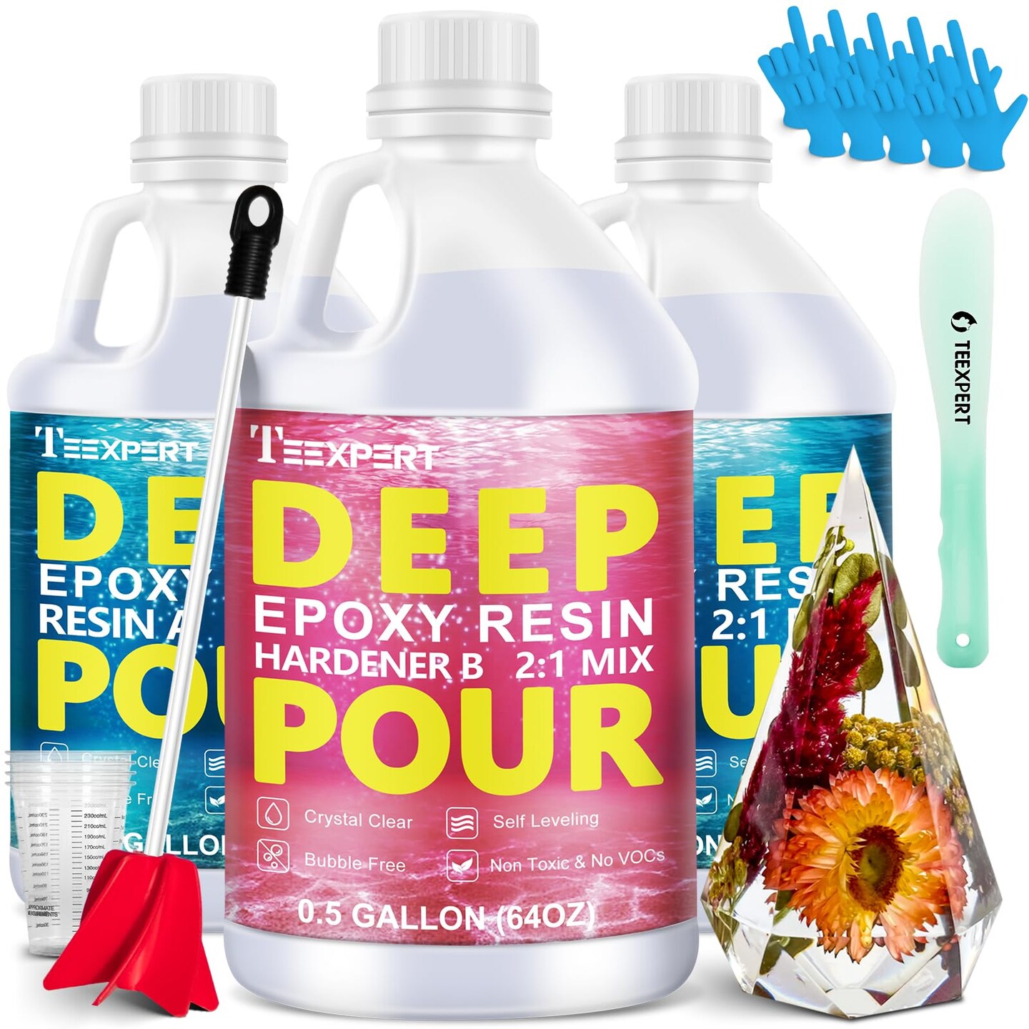 Teexpert Deep Pour Epoxy Resin, 1.5 Gallon Epoxy Resin Kit for 2-4&#x22; Pour Depths, Crystal Clear &#x26; High Gloss, Bubble-Free Casting Resin for River Tables, Flower Preservation and Mold Crafts - 2:1 Mix
