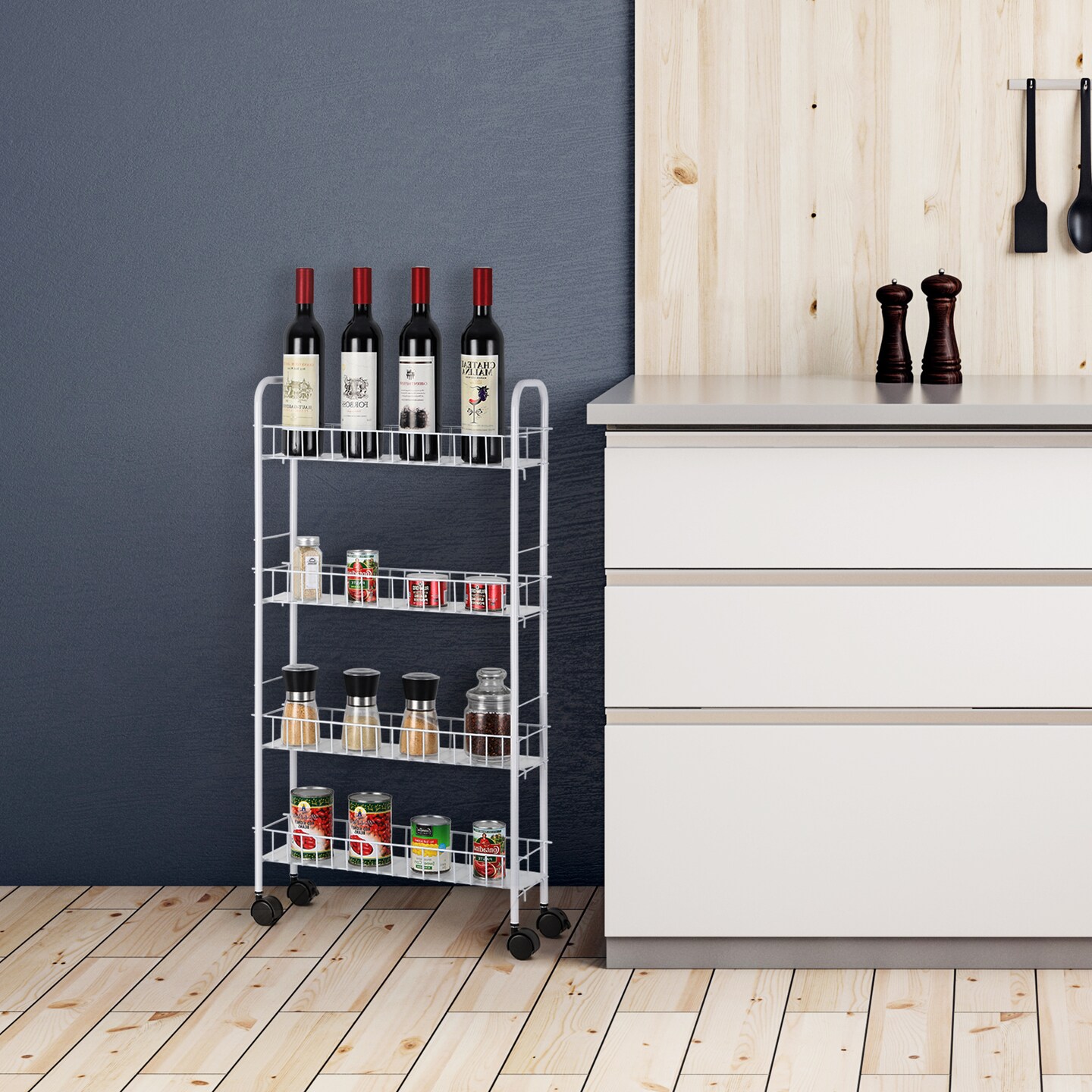4-Tier Slim Rolling Cart for Narrow Spaces Durable Iron Organizer with Wheels, Cream White, Easy Assembly, Space-Saving Storage Solution