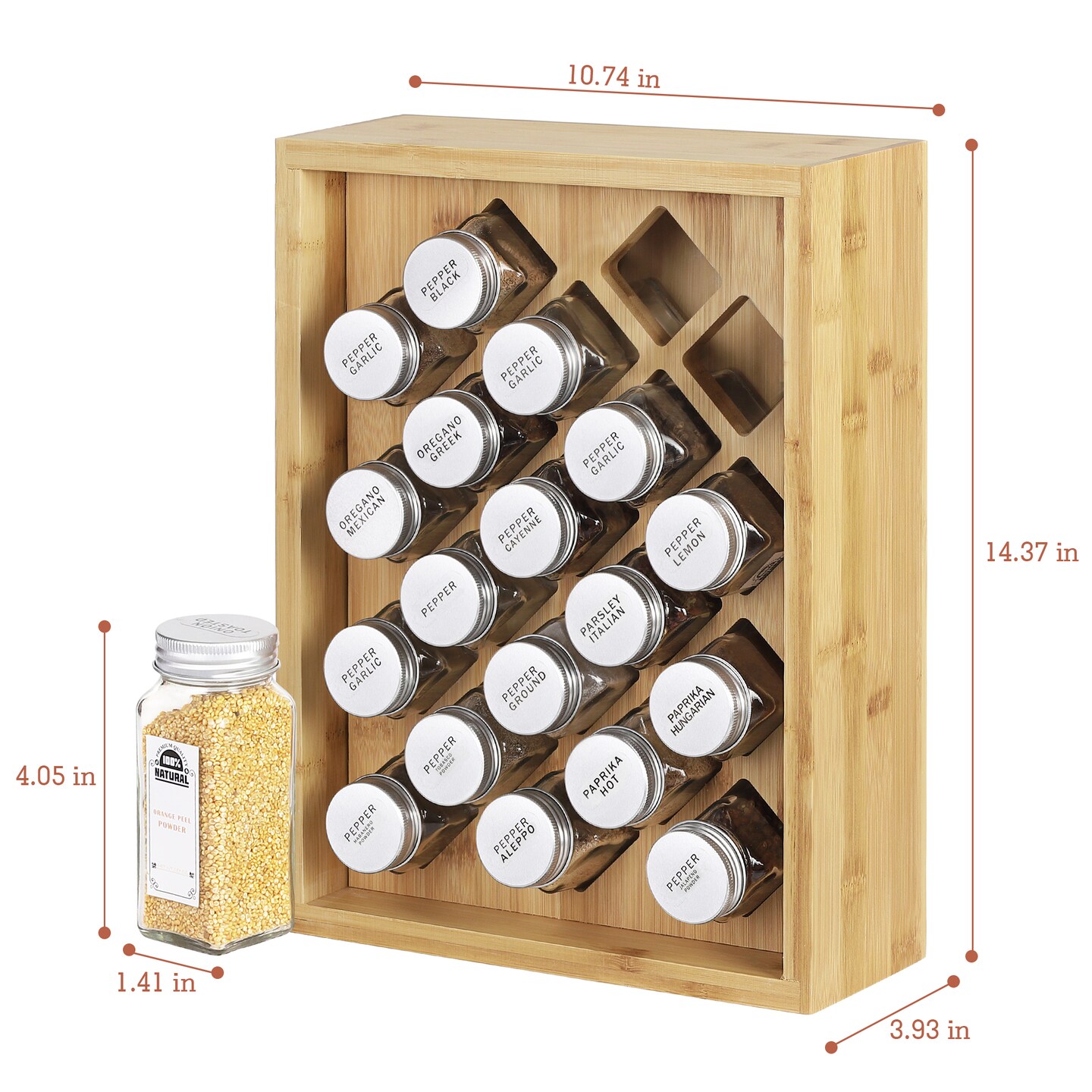 20-Jar Bamboo Spice Rack Organizer with Glass Jars Countertop Kitchen Storage for Cabinet, Pantry, or Drawer Eco-Friendly, Space-Saving Design
