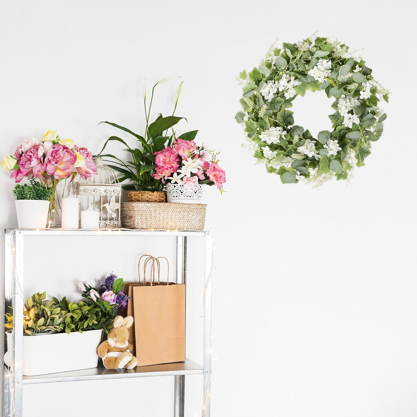 Spring Wreaths for Front Door White Flowers Grapevines Green Eucalyptus Leaves