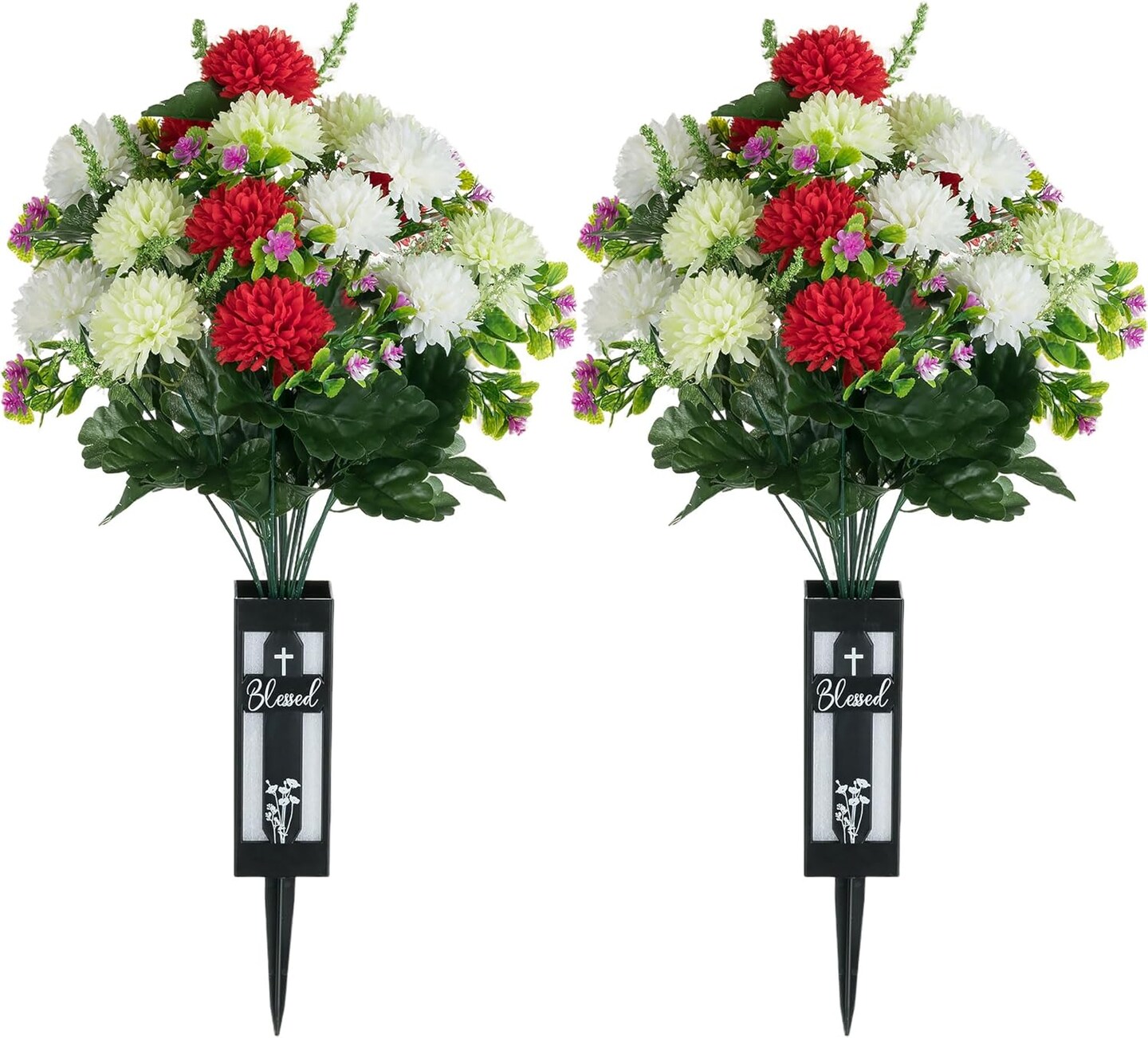 Artificial Cemetery Flowers for Grave – 2 Pcs, 18-Head Fake Mums with Vases, Spring Memorial Decorations for Outdoor Graves