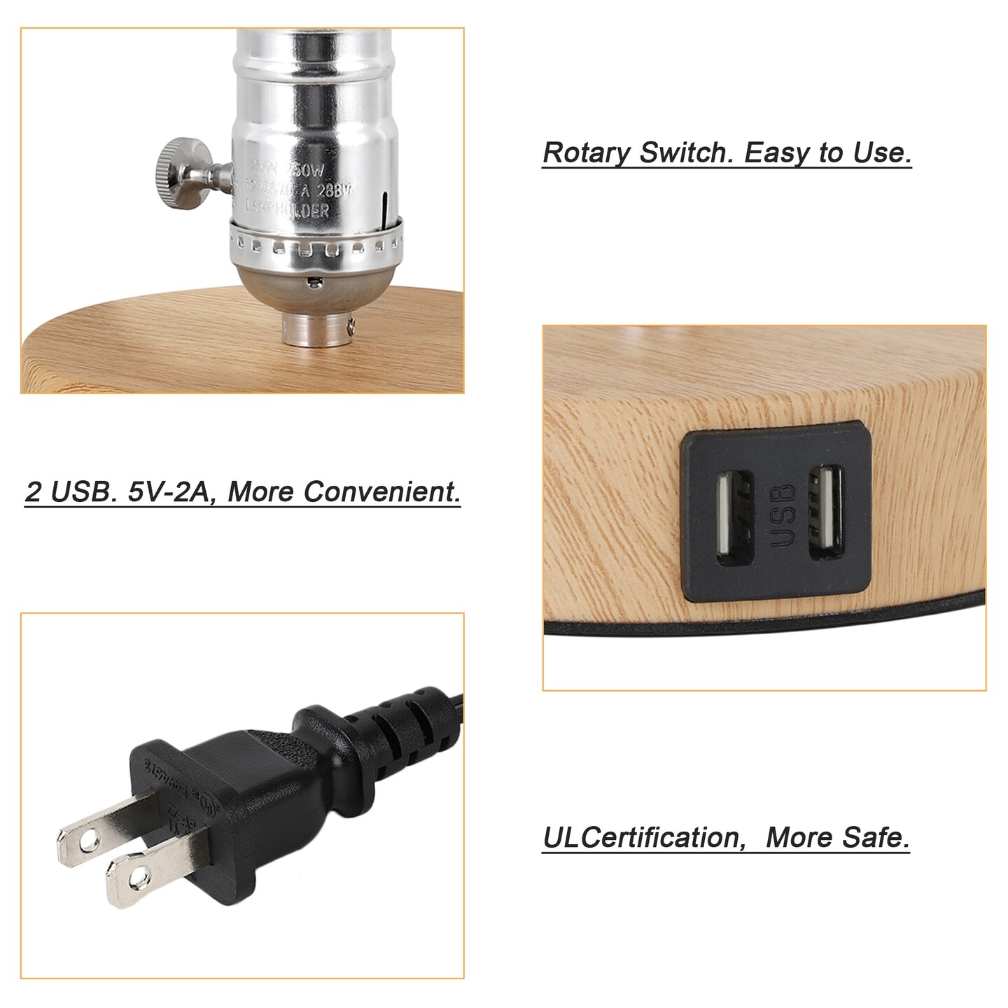 Small Industrial Table Lamp with 2 USB Ports & Wooden Base Vintage Desk Light for Bedroom, Dorm, Nightstand