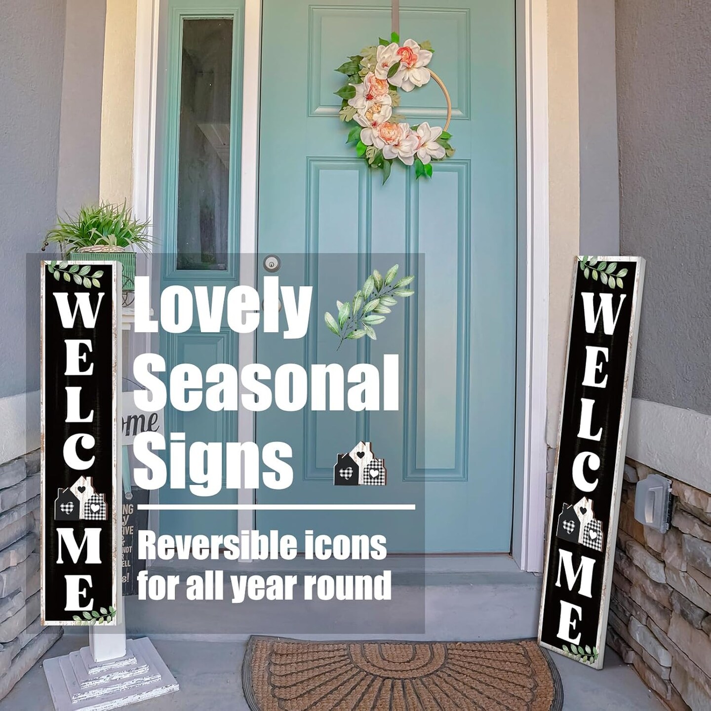 Welcome Sign for Front Door 47 x 9.8 Inch Standing Wooden Sign with 20 Interchangeable Icons