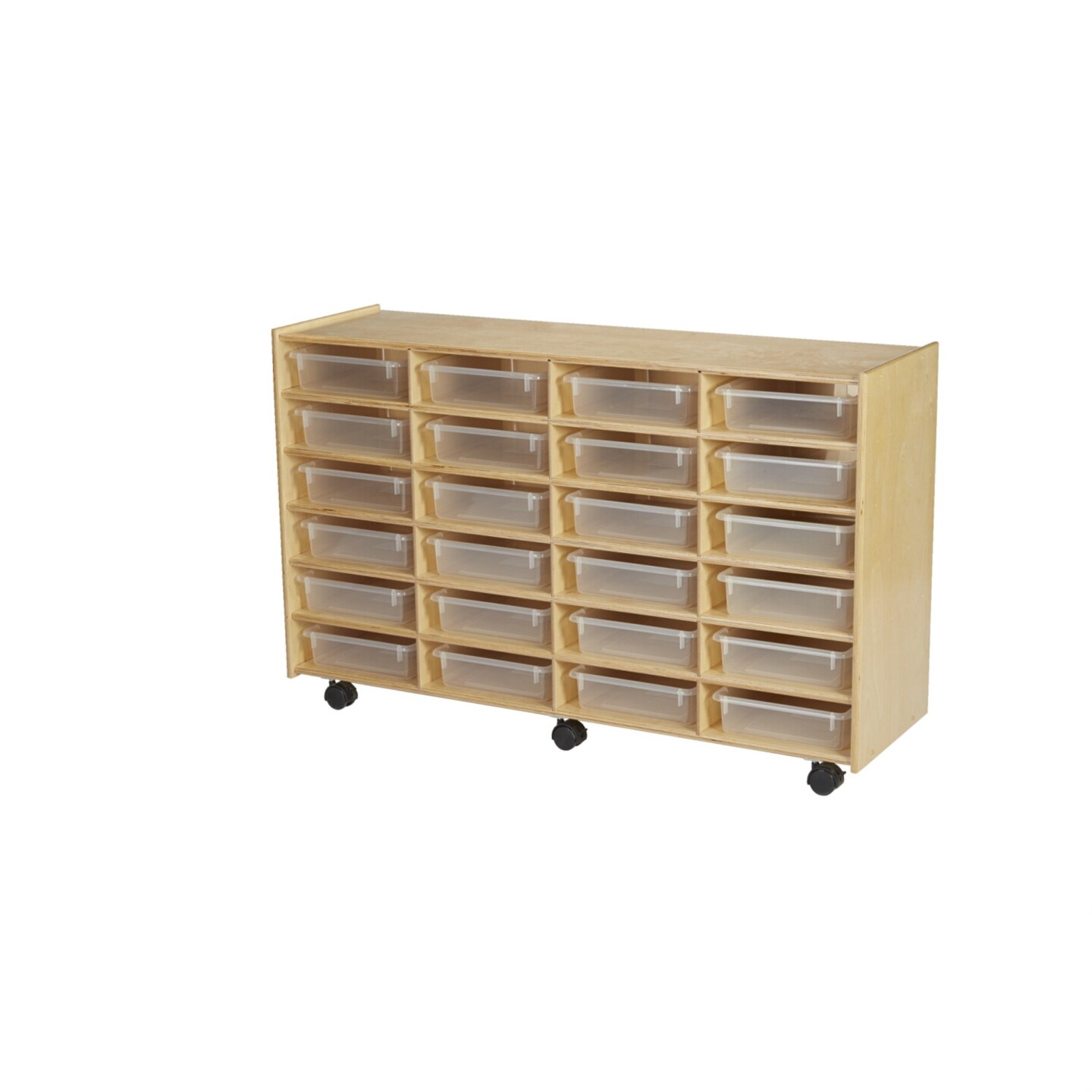 Childcraft Mobile Cubby Unit With Locking Casters, 24 Flat Clear Trays, 47-3/4 x 14-1/4 x 30 Inches