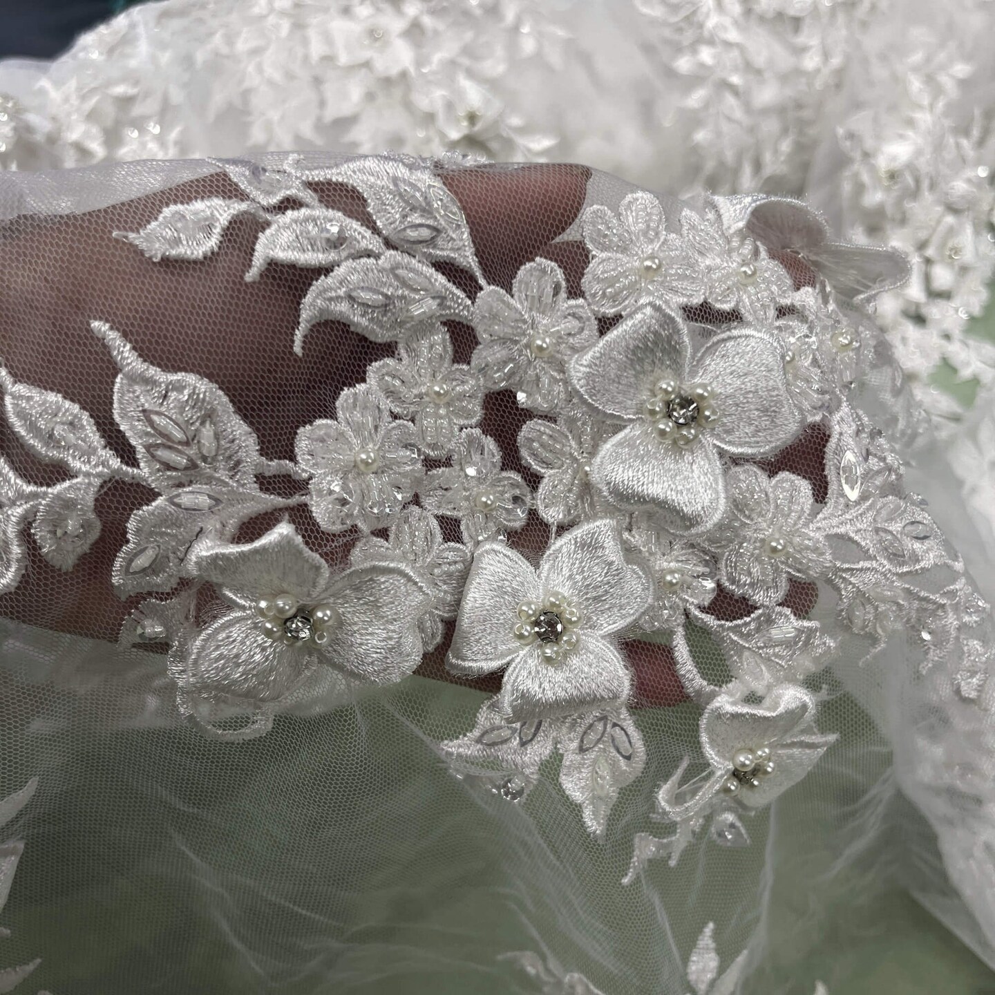 1 Yard 3D Beaded Floral Lace Fabric with Rhinestones, 51&#x22; Wide Embroidered Mesh