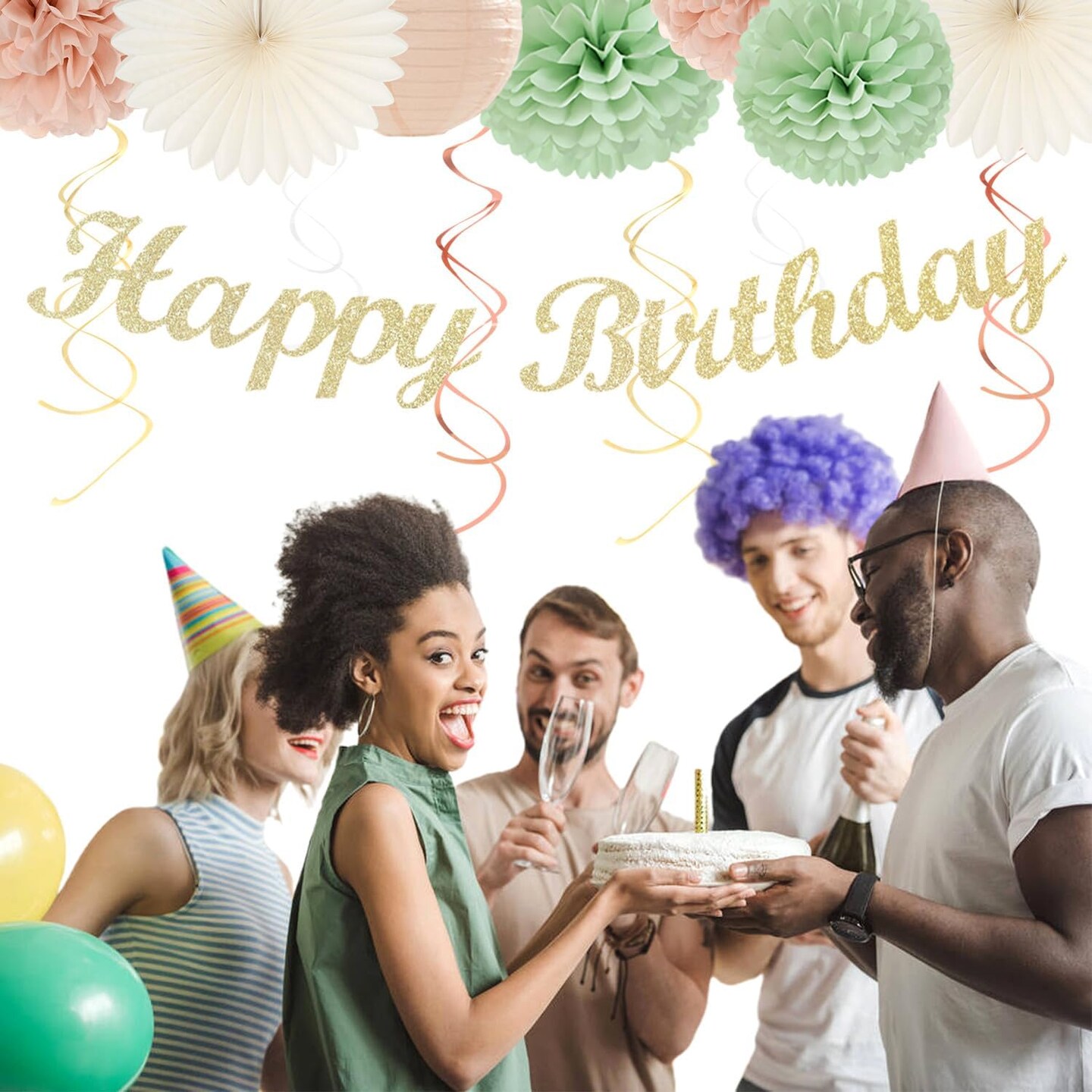Sage-Green Pink First Happy Birthday Party-Decorations(Beige Mint Green Pink)