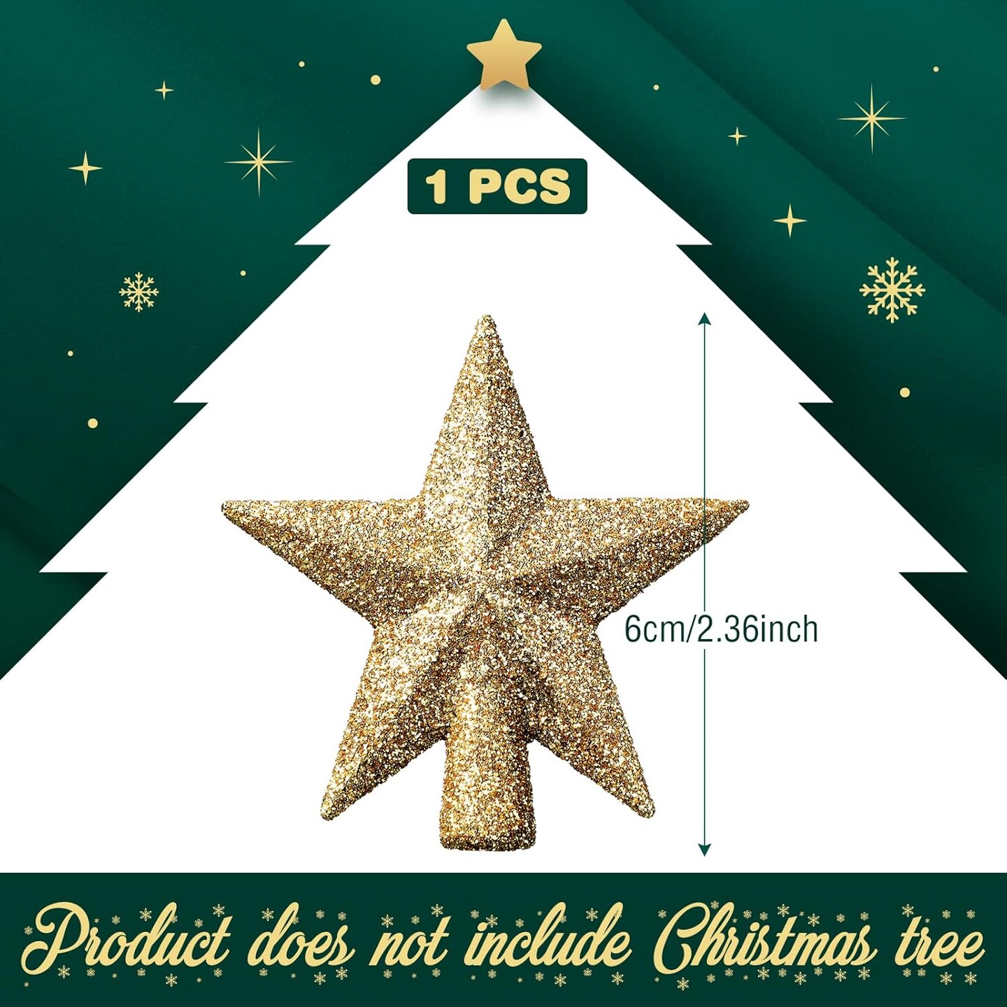 Mini Christmas Tree Topper Small Star Treetop (2.36 Inch,Glitter Gold)
