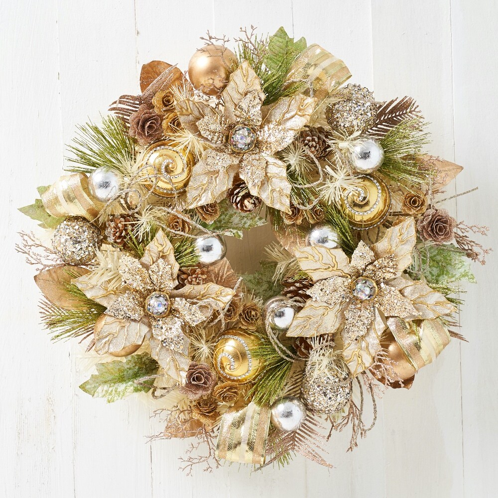 Champagne Gold Poinsettia Wreath - 22&#x22; Handcrafted Holiday D&#xE9;cor - Holiday Tree