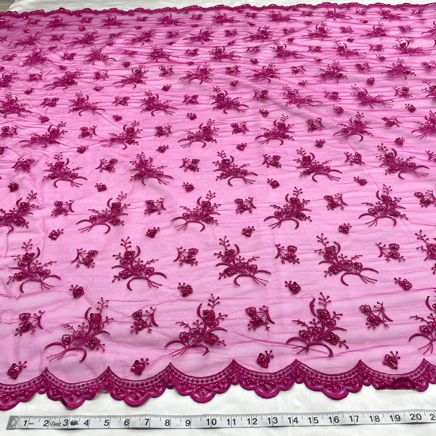 1 Yard Lace Beaded Fabric Fuchsia Polyester Net Mesh with Beads Pearls Sequins, 54 Inches Wide