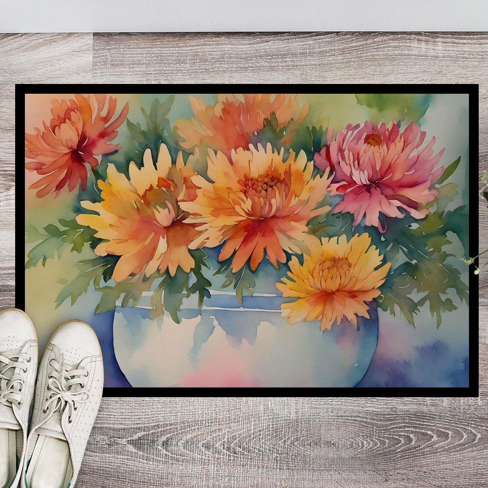 Edge Collections - 18" x 27" - Multicolor - Chrysanthemums Doormat Non-Slip, Washable - 1 Piece