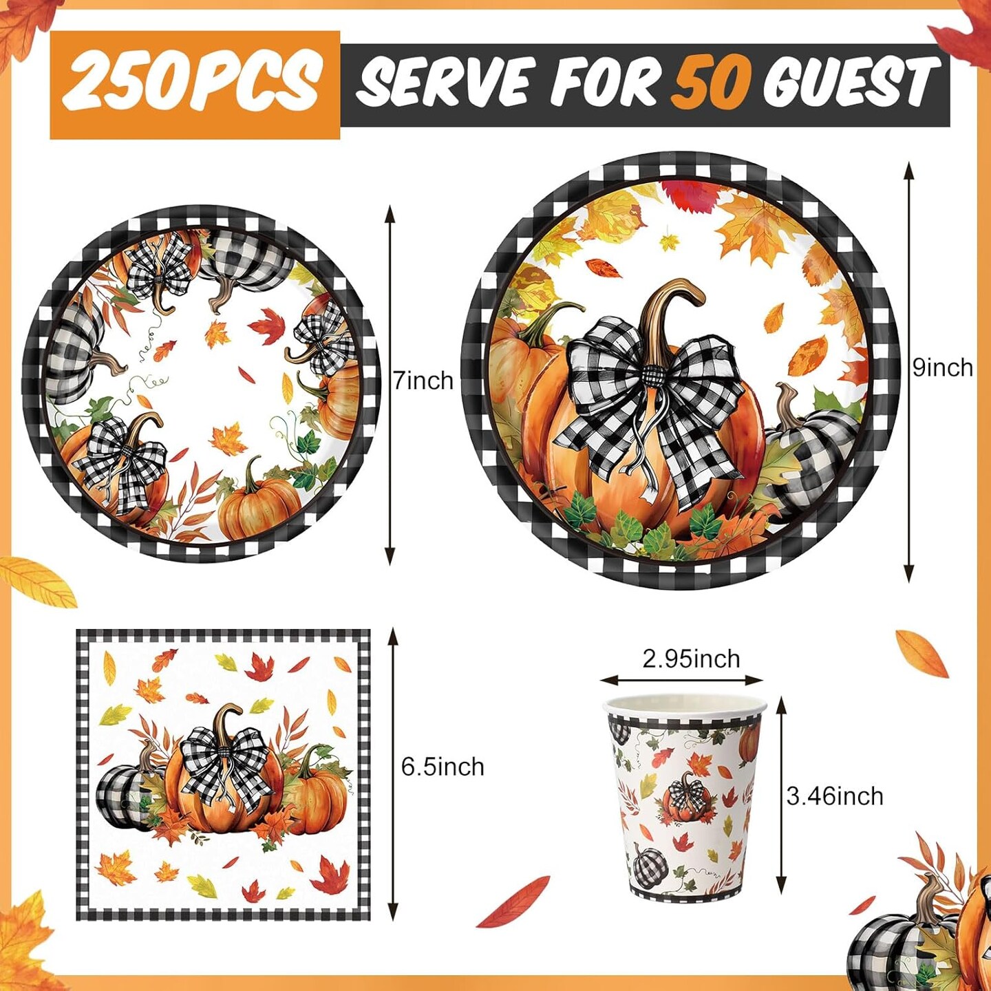 250 Pcs Pumpkin Thanksgiving Paper Plates and Napkins Party Supplies (Orange and Black)