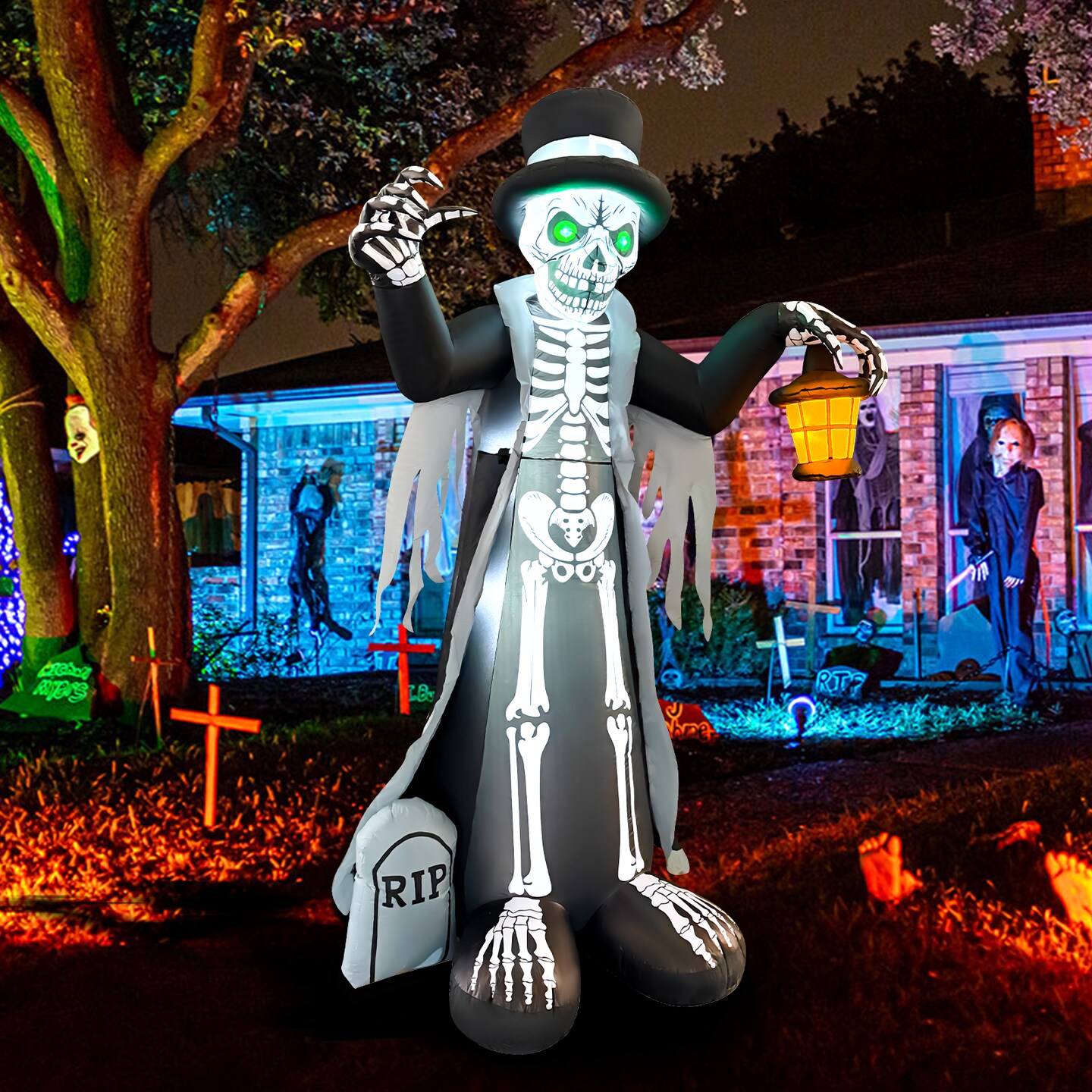 GOOSH 8.2FT Inflatable Skeleton with Top Hat and Lantern – Light-Up Halloween Yard Decoration