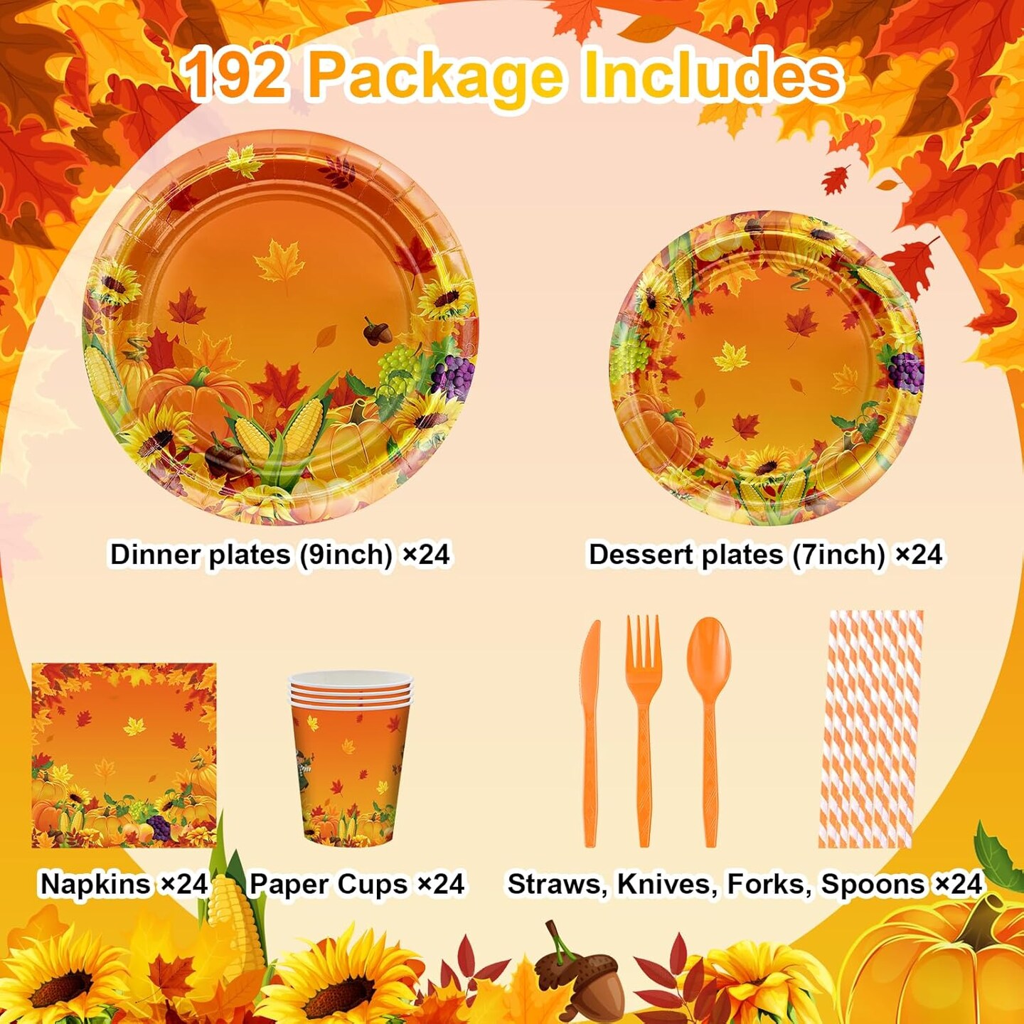 192 Pcs Fall Thanksgiving Party Plates and Napkins (Orange)