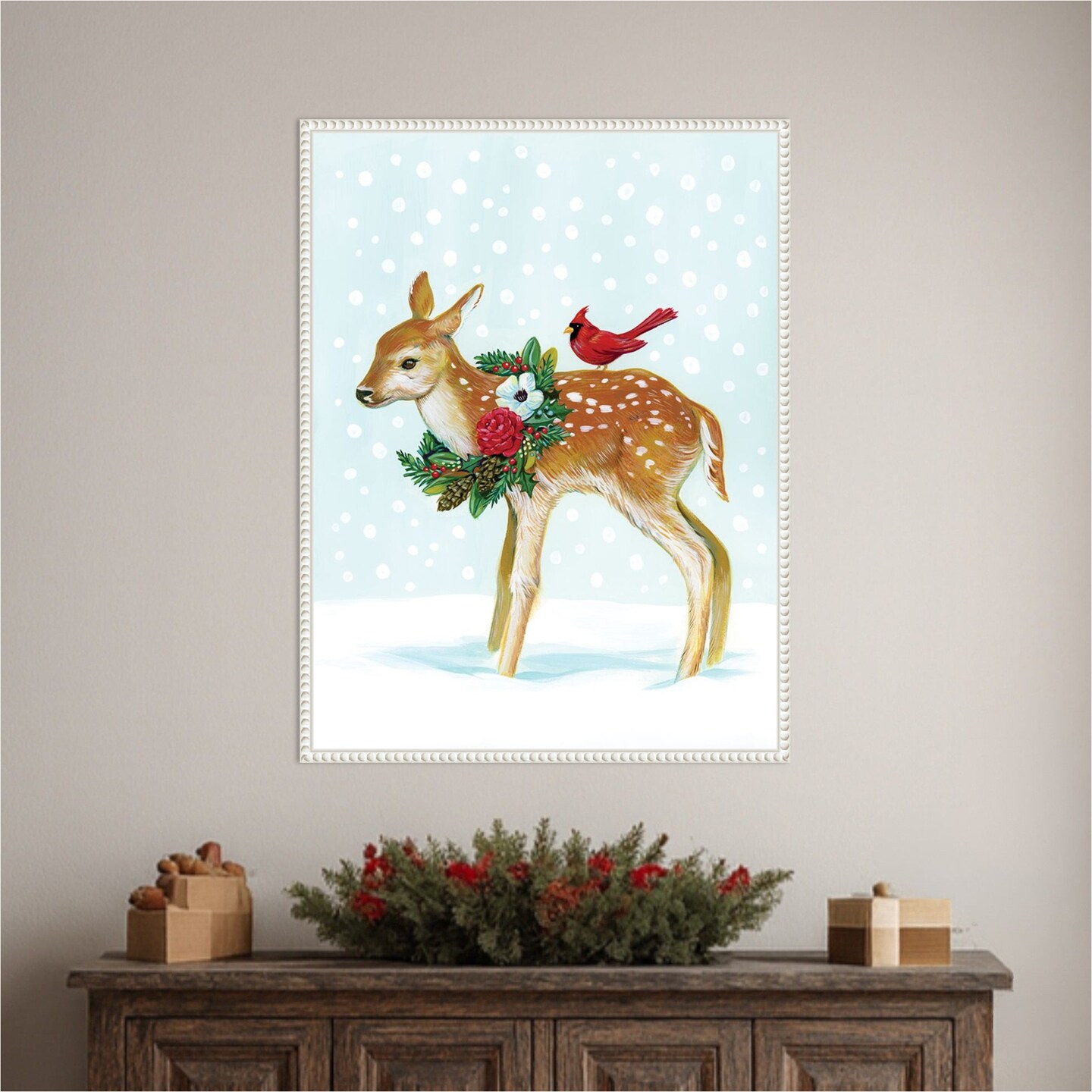 Winter Woodland Creatures with Cardinals II by Laura Marr 23-in. W x 30-in. H. Canvas Wall Art Print Framed