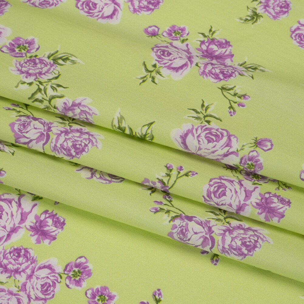 1 Yard Key Lime Divine Stretch Cotton Poplin Fabric Green Purple Floral Design 59 inch Width